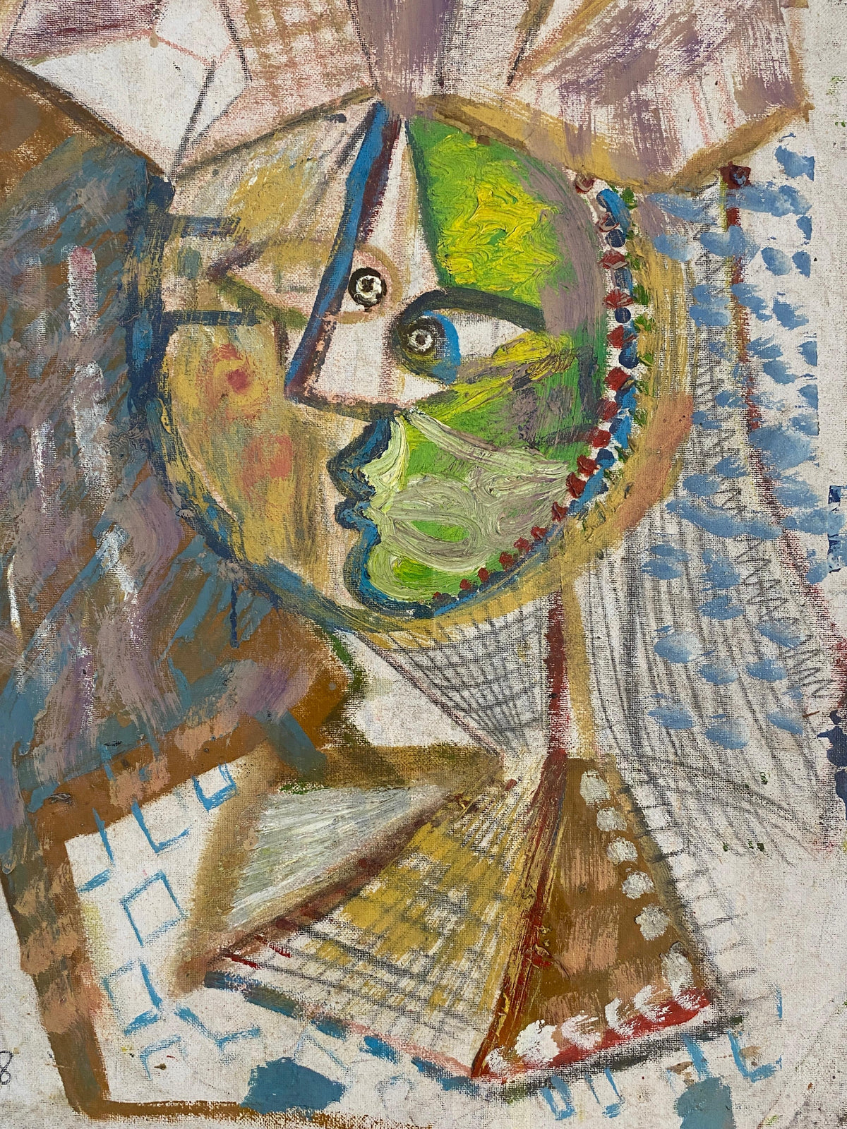 Large French Cubist Abstract Painting, Manner of Picasso, Framed Mixed-Media — detail 6