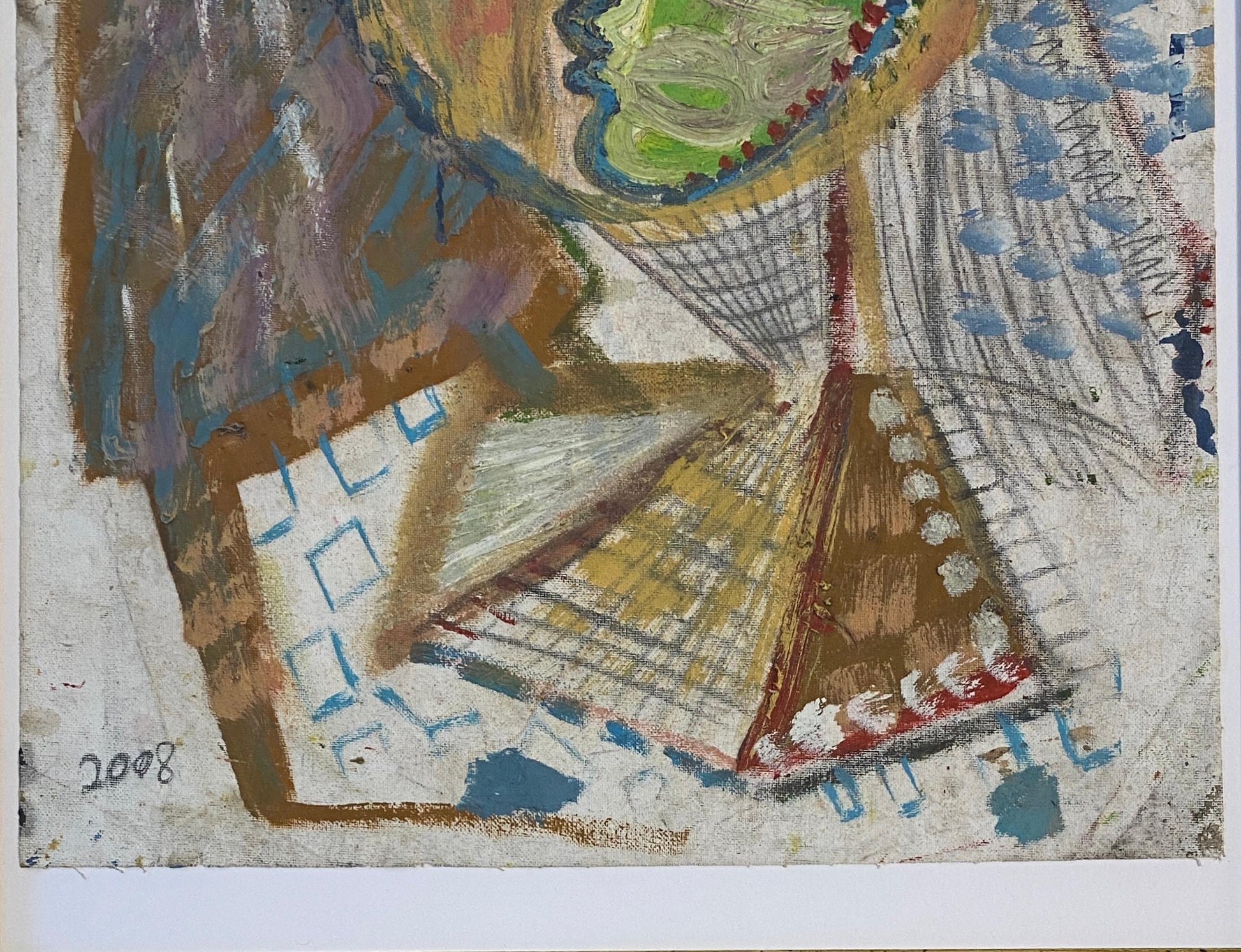 Large French Cubist Abstract Painting, Manner of Picasso, Framed Mixed-Media — detail 4