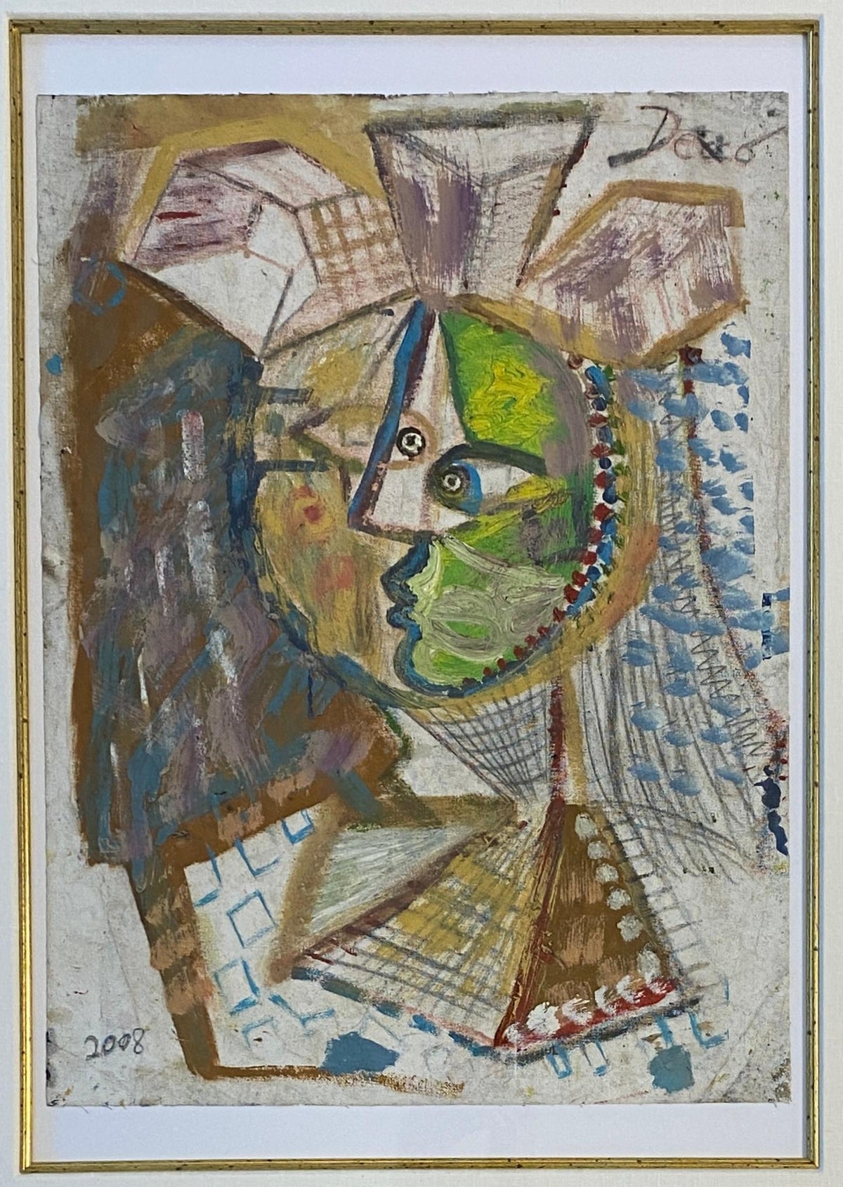 Large French Cubist Abstract Painting, Manner of Picasso, Framed Mixed-Media — detail 3