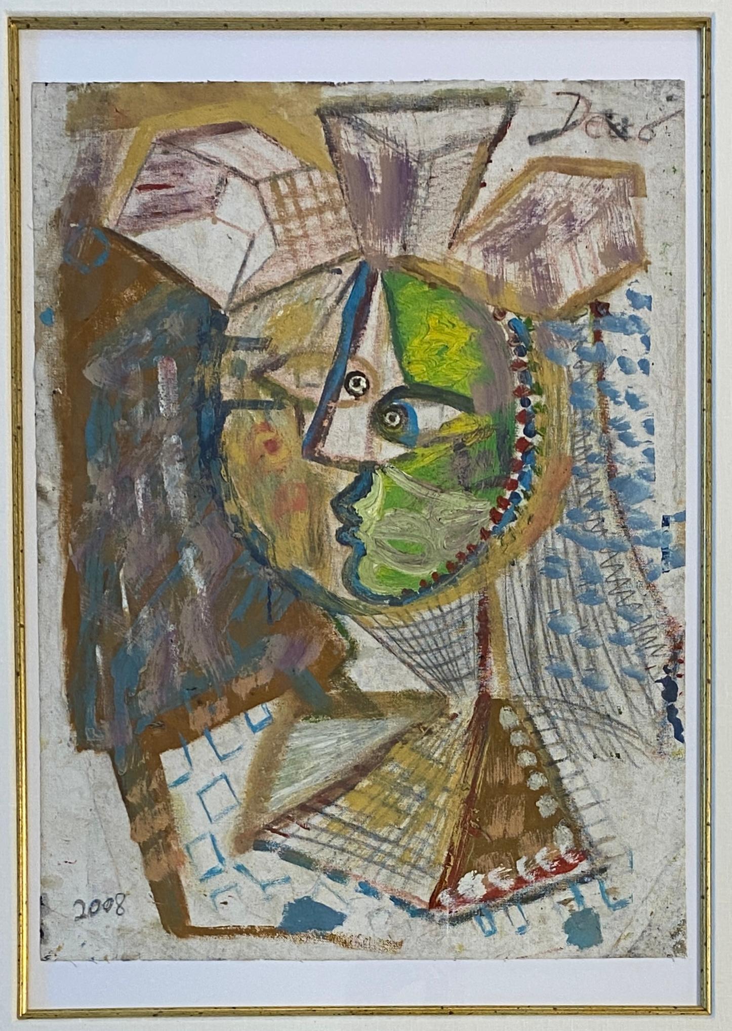 Large French Cubist Abstract Painting, Manner of Picasso, Framed Mixed-Media — detail 3