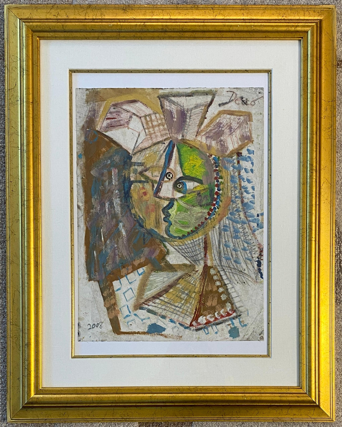 Large French Cubist Abstract Painting, Manner of Picasso, Framed Mixed-Media — detail 2
