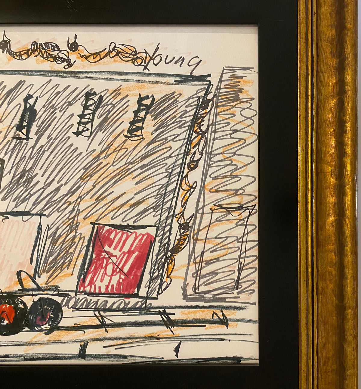 Early Purvis Young Drawing, Urban Truck Scene, Mixed Media on Paper, Framed — detail 4