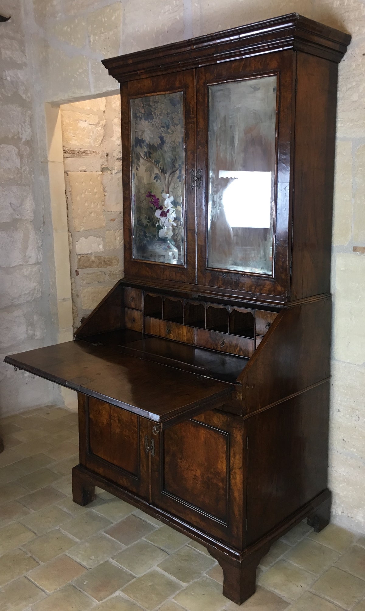 Fine English Queen Anne Walnut Bookcase with Secretary Desk — detail 2