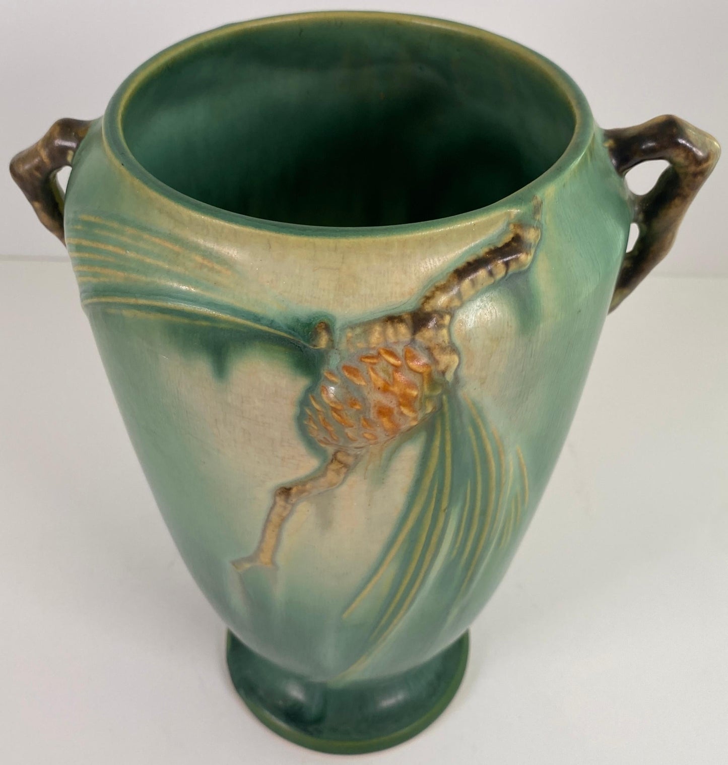 Roseville Pinecone Art Pottery Vase, Green Glaze, American Art Deco, circa 1930 — detail 3