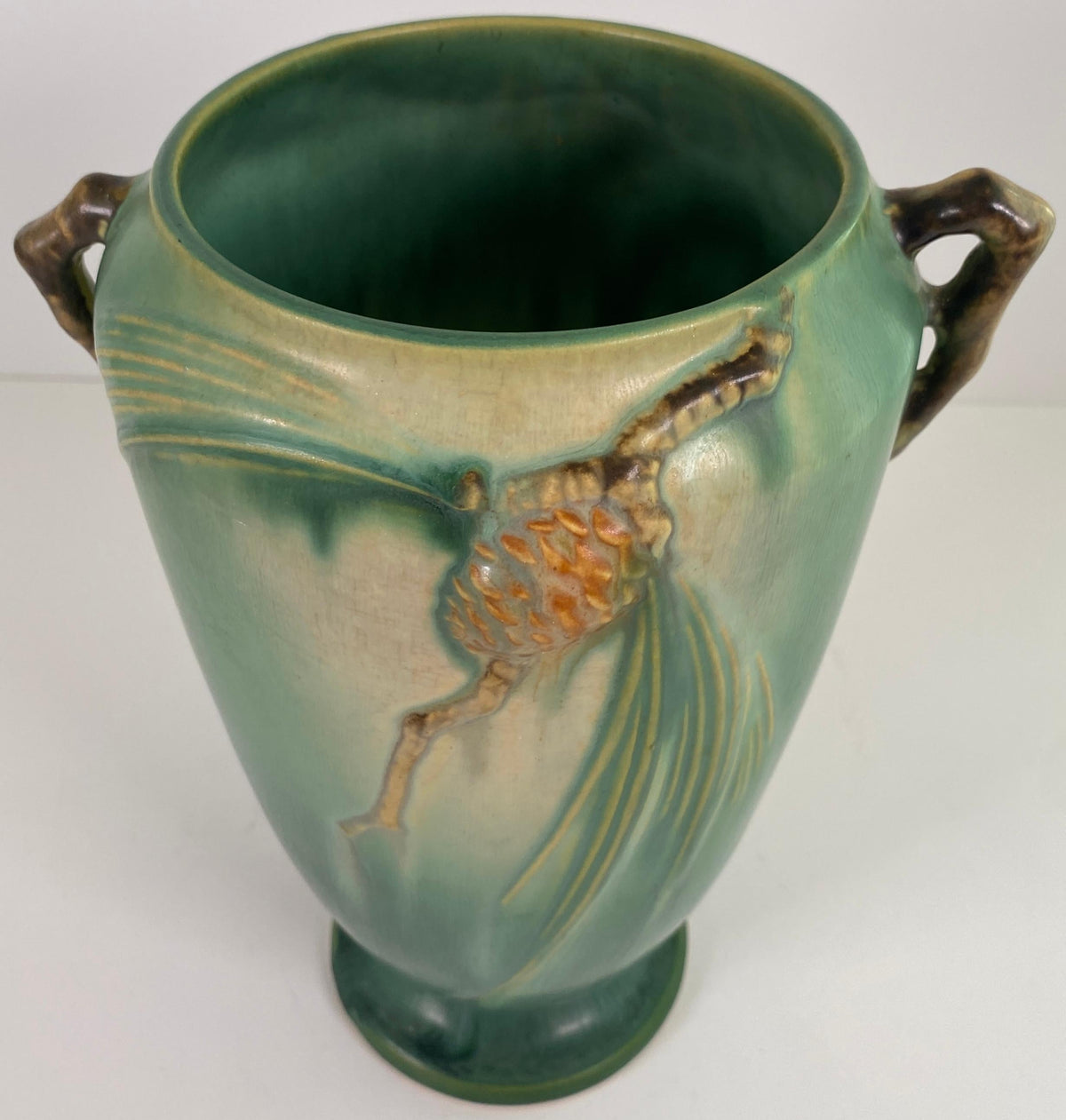 Roseville Pinecone Art Pottery Vase, Green Glaze, American Art Deco, circa 1930 — detail 3
