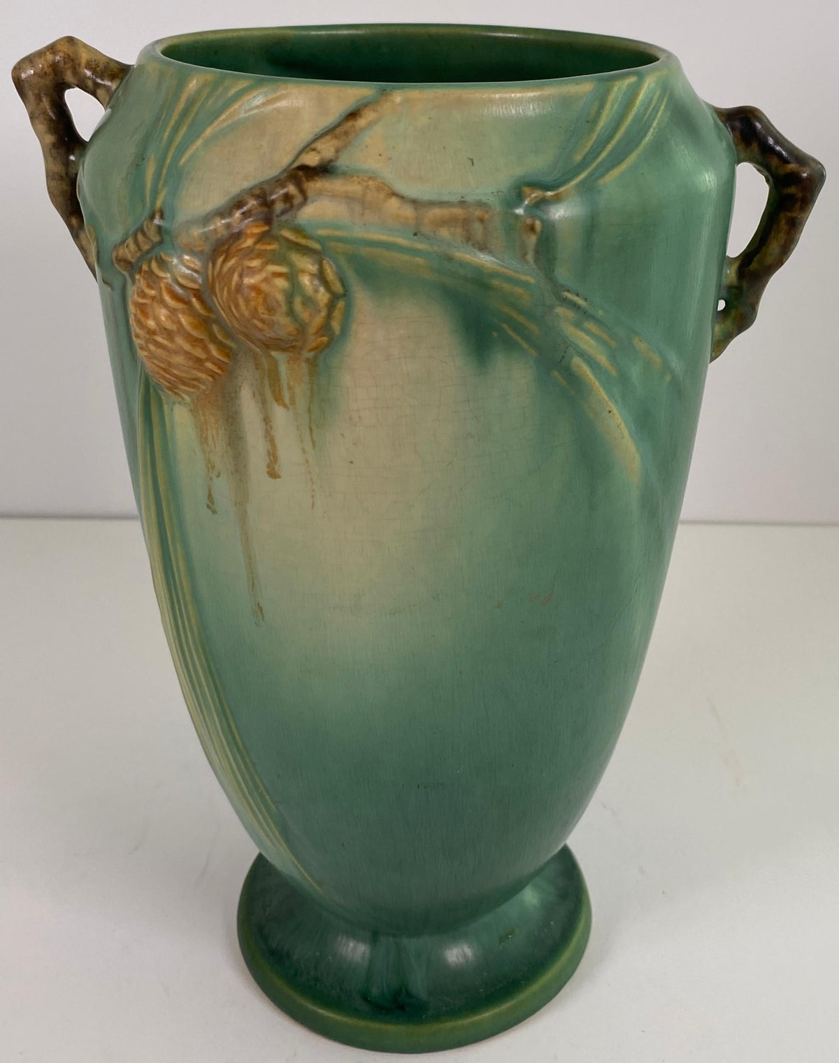 Roseville Pinecone Art Pottery Vase, Green Glaze, American Art Deco, circa 1930 — detail 2