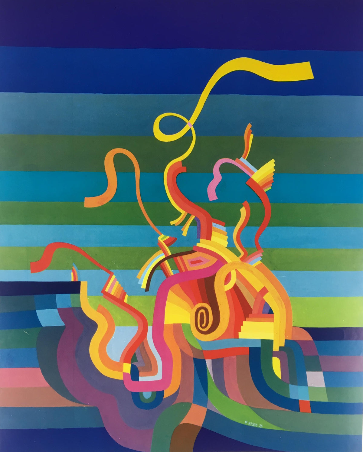 Original Midcentury Abstract Art Exhibition Poster, Signed Rosso Dated 1975 — detail 3
