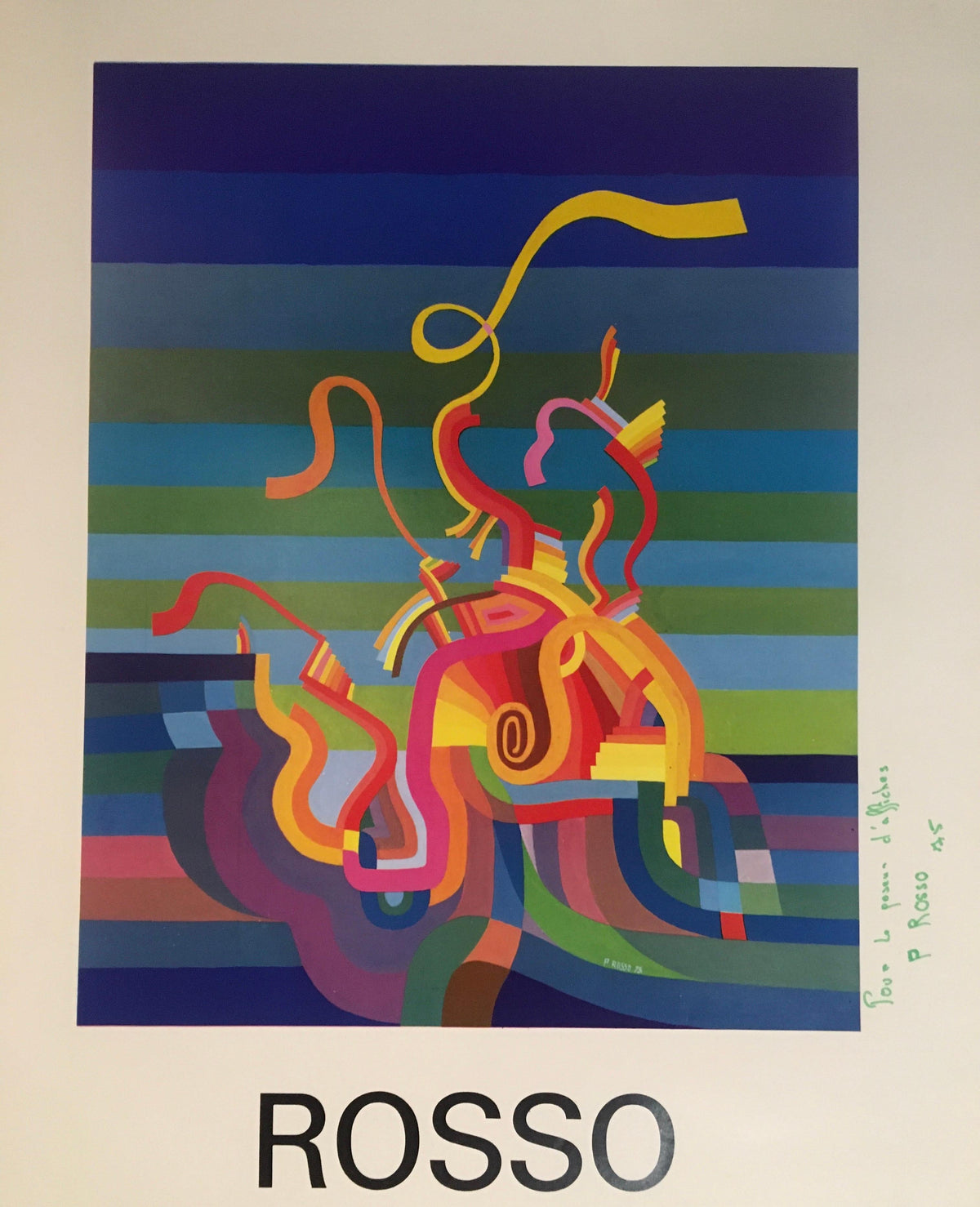 Original Midcentury Abstract Art Exhibition Poster, Signed Rosso Dated 1975 — detail 2