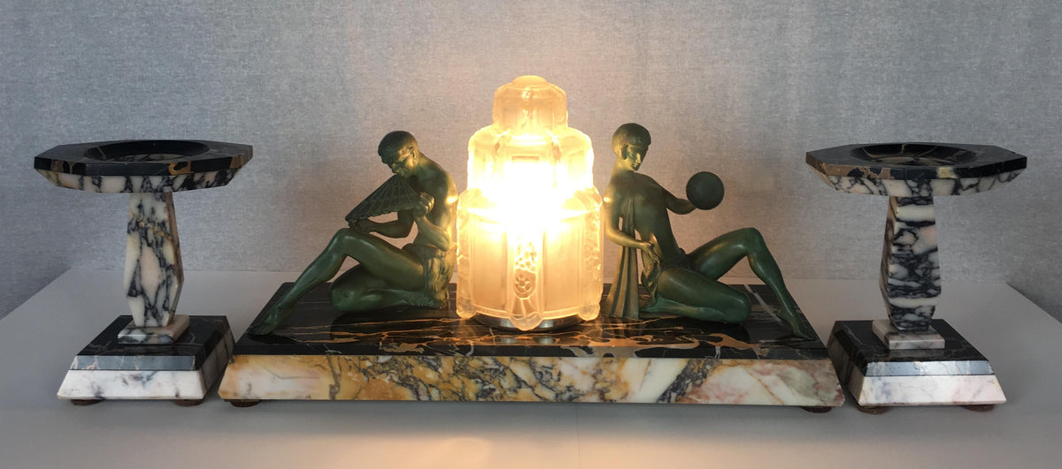 Marius-Ernest Sabino French Art Deco Table Lamp and Garniture Set, Signed — detail 10