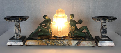Marius-Ernest Sabino French Art Deco Table Lamp and Garniture Set, Signed — detail 10