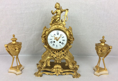 French Rococo Ormolu Mantel Clock Set by Samuel Marti