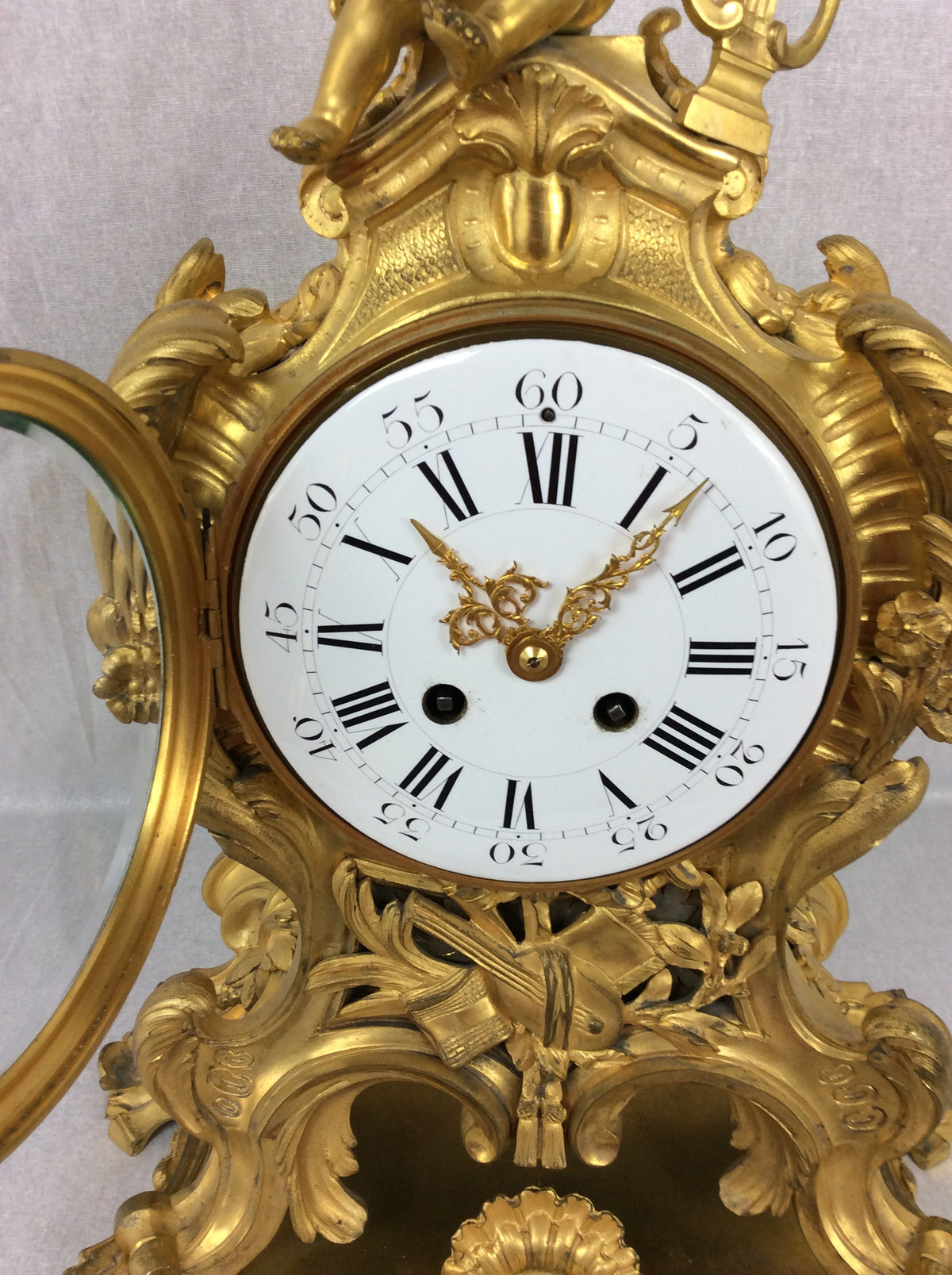 French Rococo Ormolu Mantel Clock Set by Samuel Marti — detail 2
