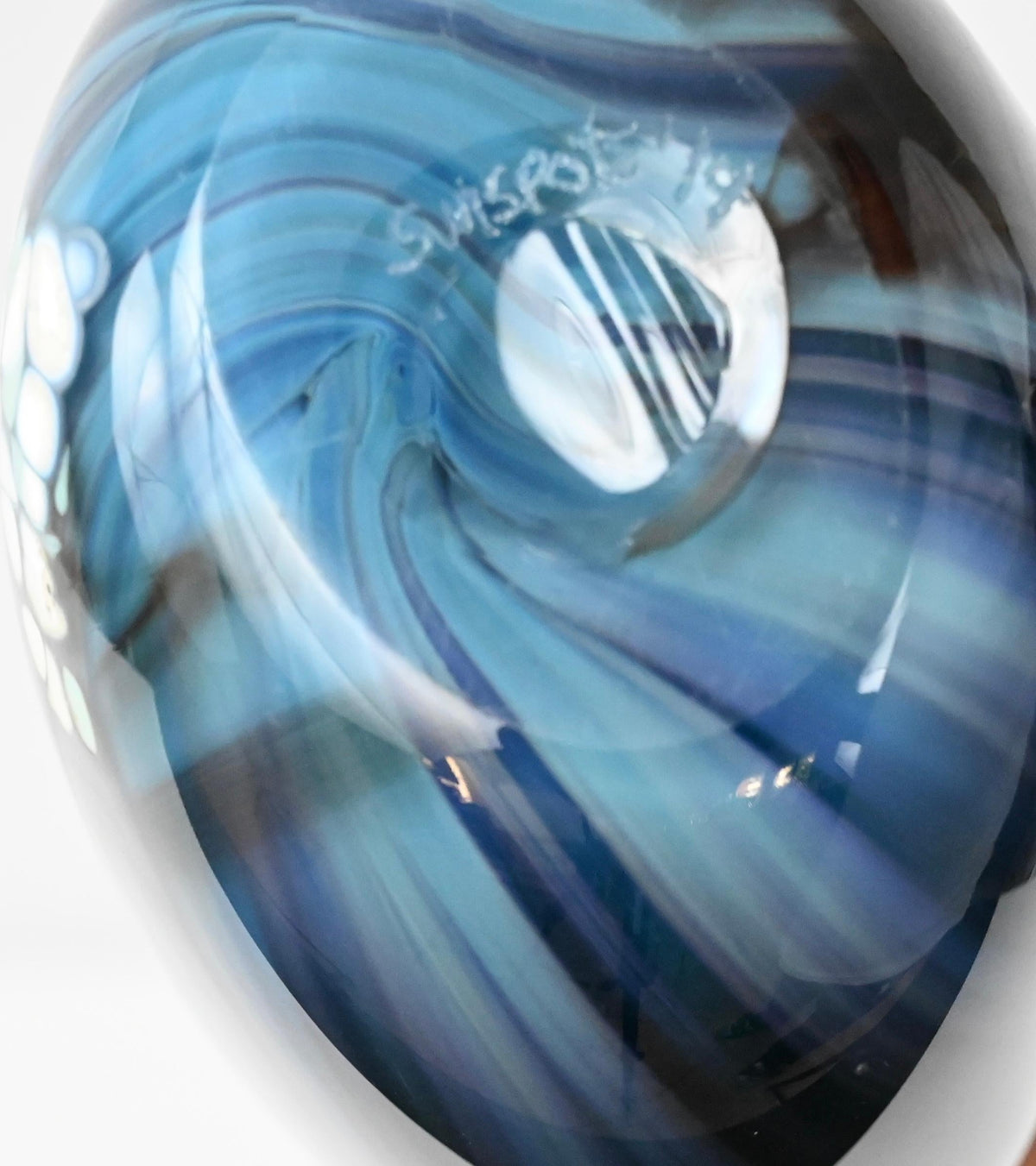 Mid-Century Art Glass Flower Vase Signed Swispot, Blue and White Art Glass Vase — detail 3
