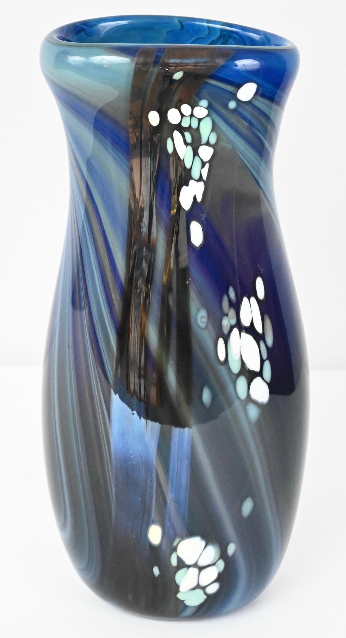 Mid-Century Art Glass Flower Vase Signed Swispot, Blue and White Art Glass Vase — detail 2