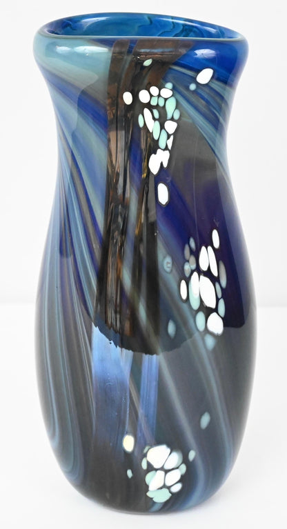Mid-Century Art Glass Flower Vase Signed Swispot, Blue and White Art Glass Vase — detail 2