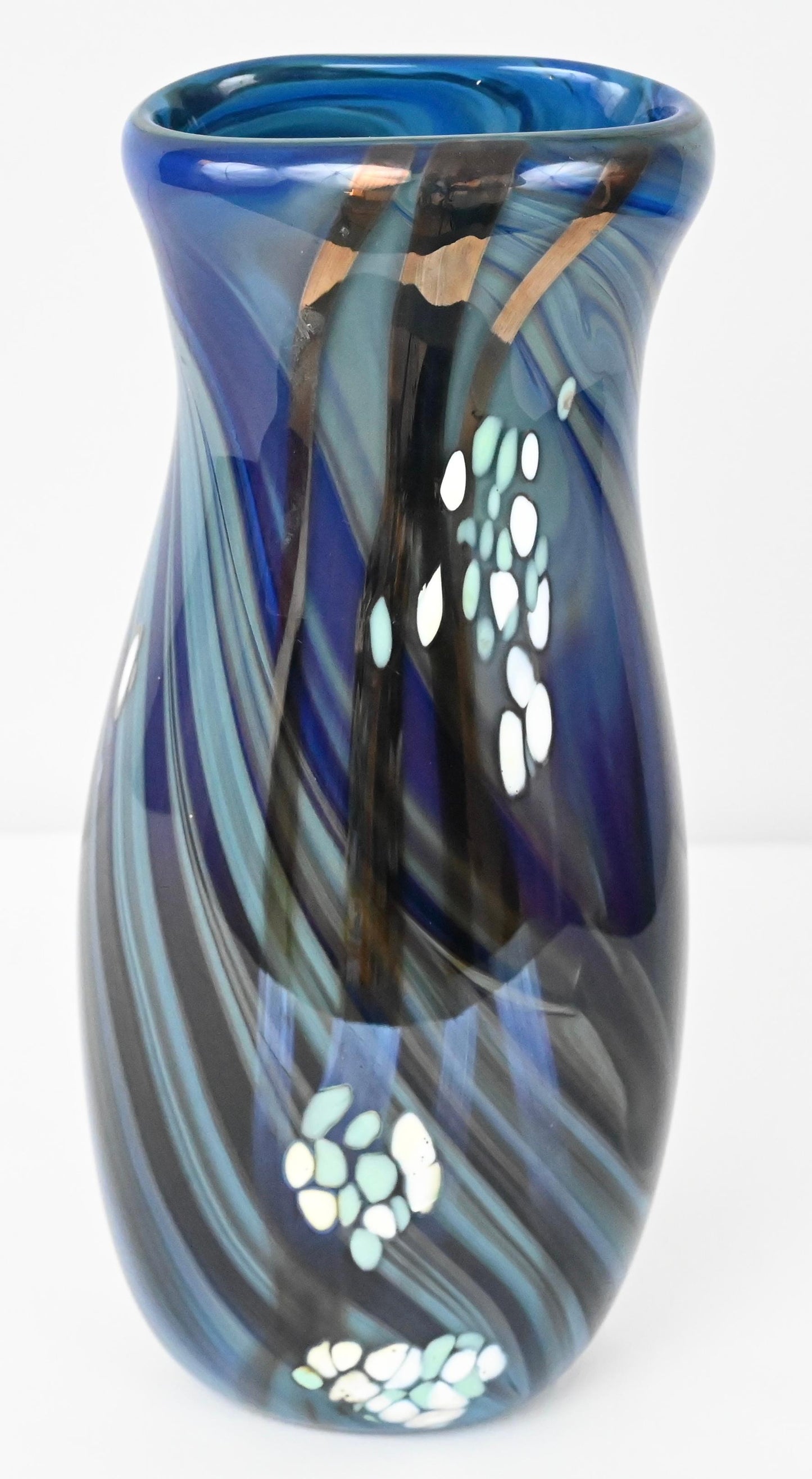 Mid-Century Art Glass Flower Vase Signed Swispot, Blue and White Art Glass Vase — detail 4