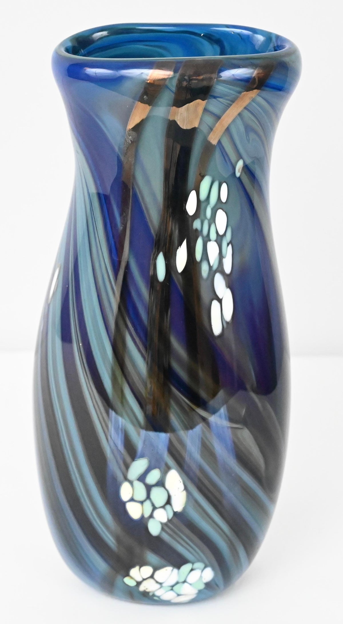 Mid-Century Art Glass Flower Vase Signed Swispot, Blue and White Art Glass Vase — detail 4