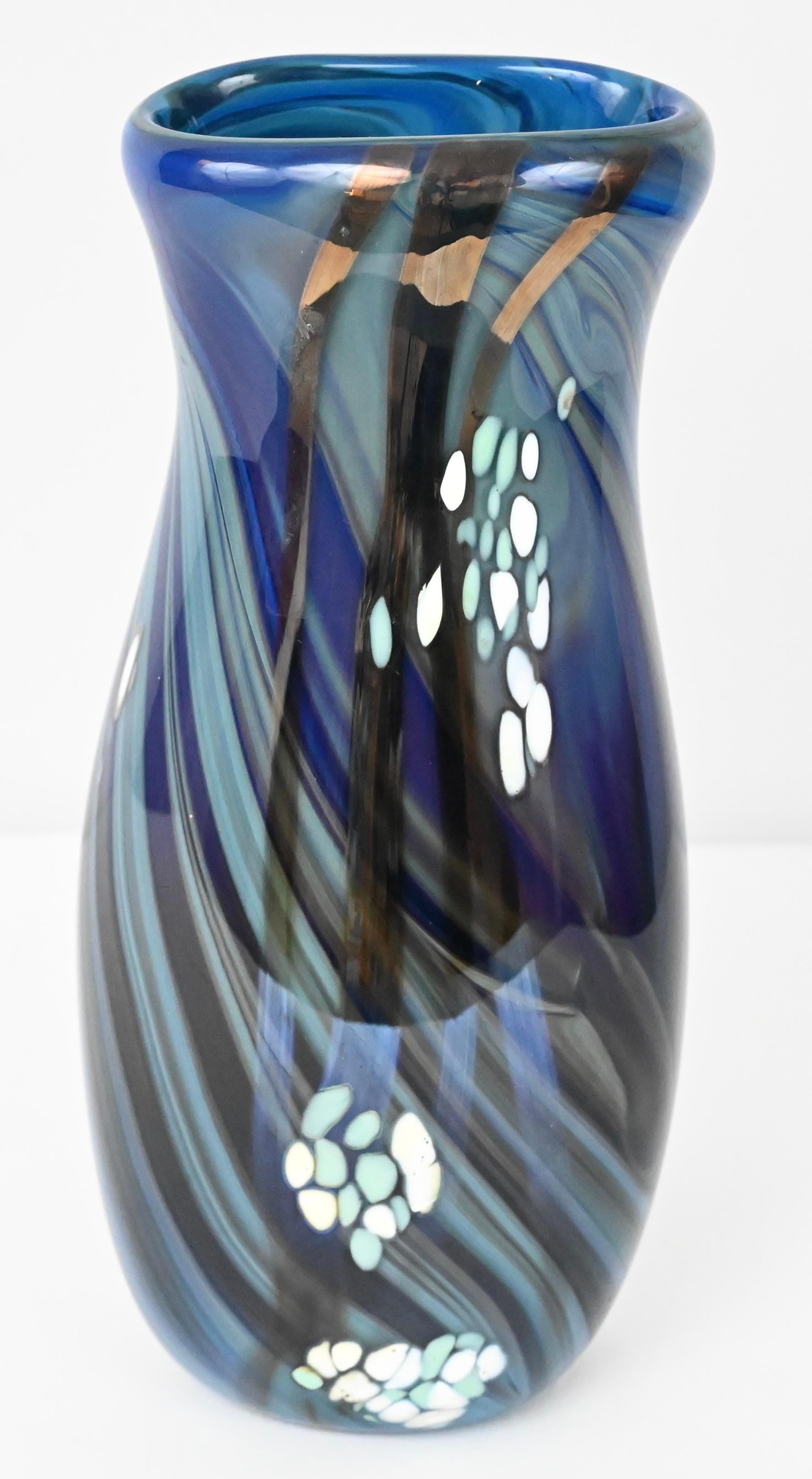 Mid-Century Art Glass Flower Vase Signed Swispot, Blue and White Art Glass Vase — detail 4