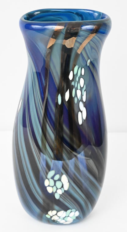 Mid-Century Art Glass Flower Vase Signed Swispot, Blue and White Art Glass Vase — detail 4
