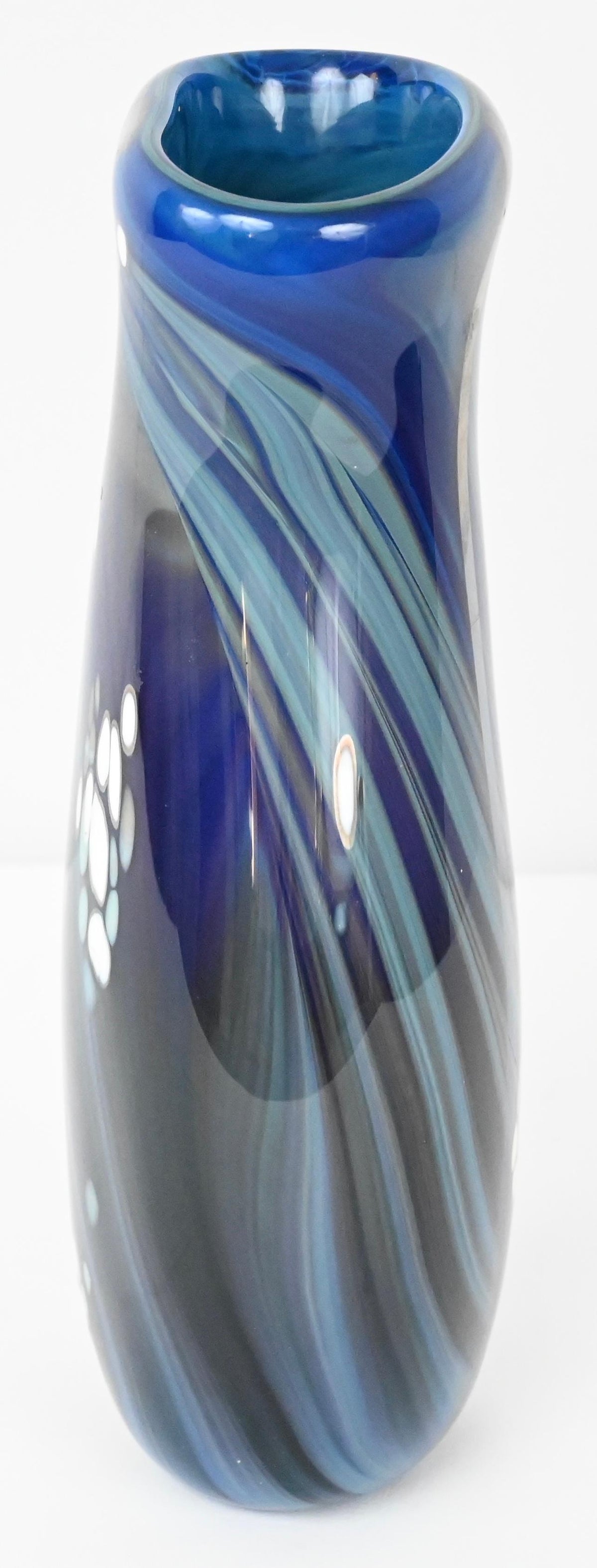 Mid-Century Art Glass Flower Vase Signed Swispot, Blue and White Art Glass Vase — detail 5