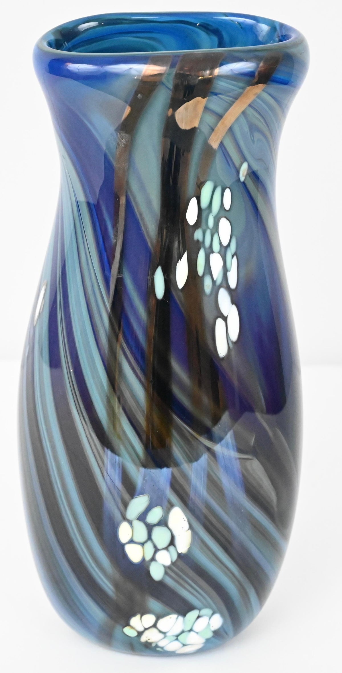 Mid-Century Art Glass Flower Vase Signed Swispot, Blue and White Art Glass Vase — detail 7