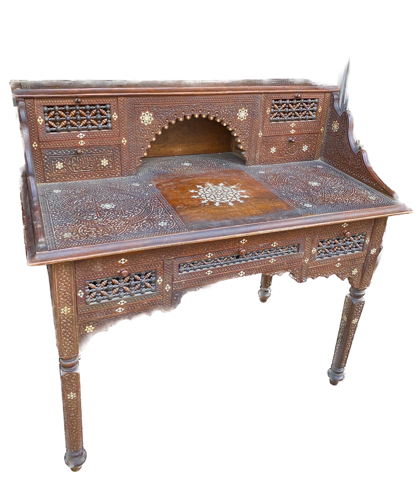 Antique Writing Desk and Chair Set circa 1920s, Moorish Style Inlaid Desk — detail 11