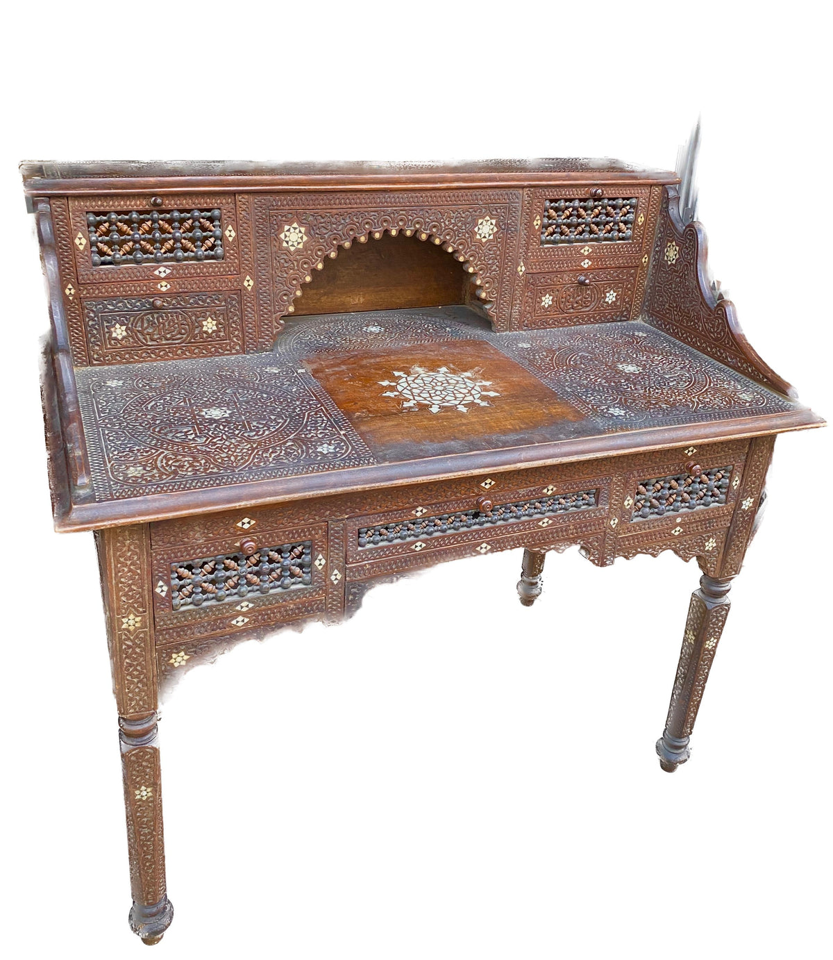 Antique Writing Desk and Chair Set circa 1920s, Moorish Style Inlaid Desk — detail 11