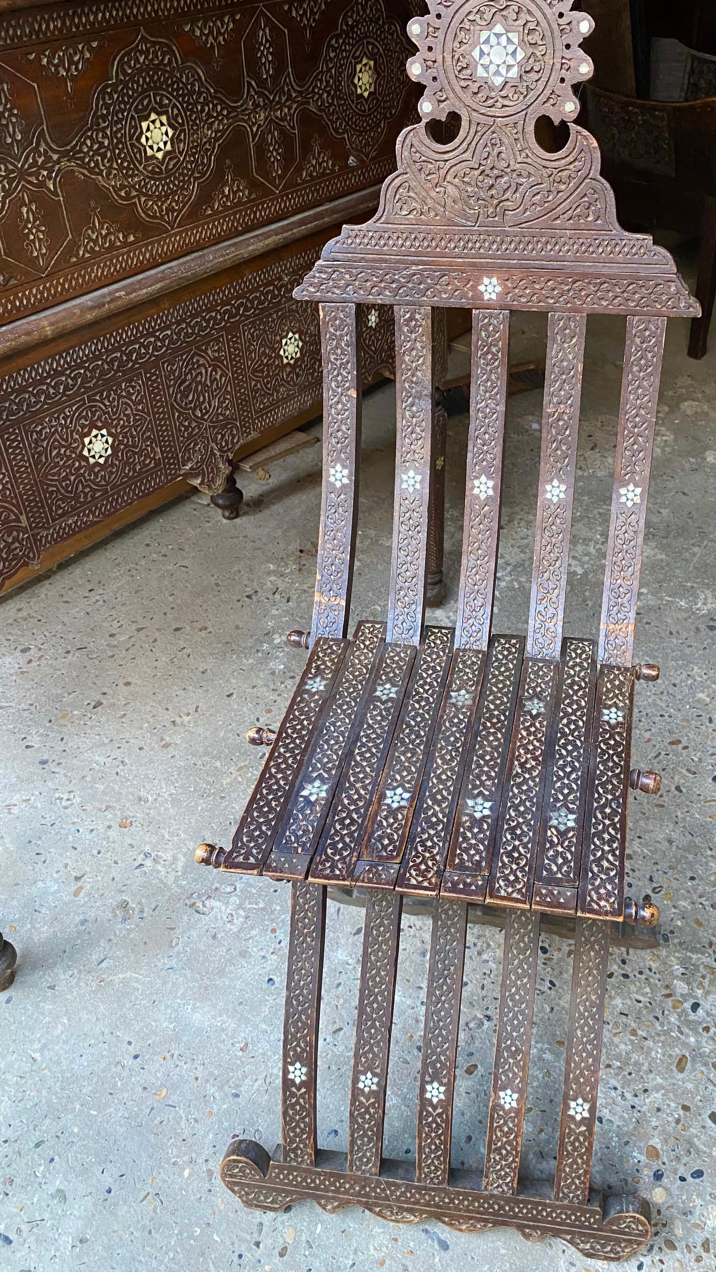 Antique Writing Desk and Chair Set circa 1920s, Moorish Style Inlaid Desk — detail 12