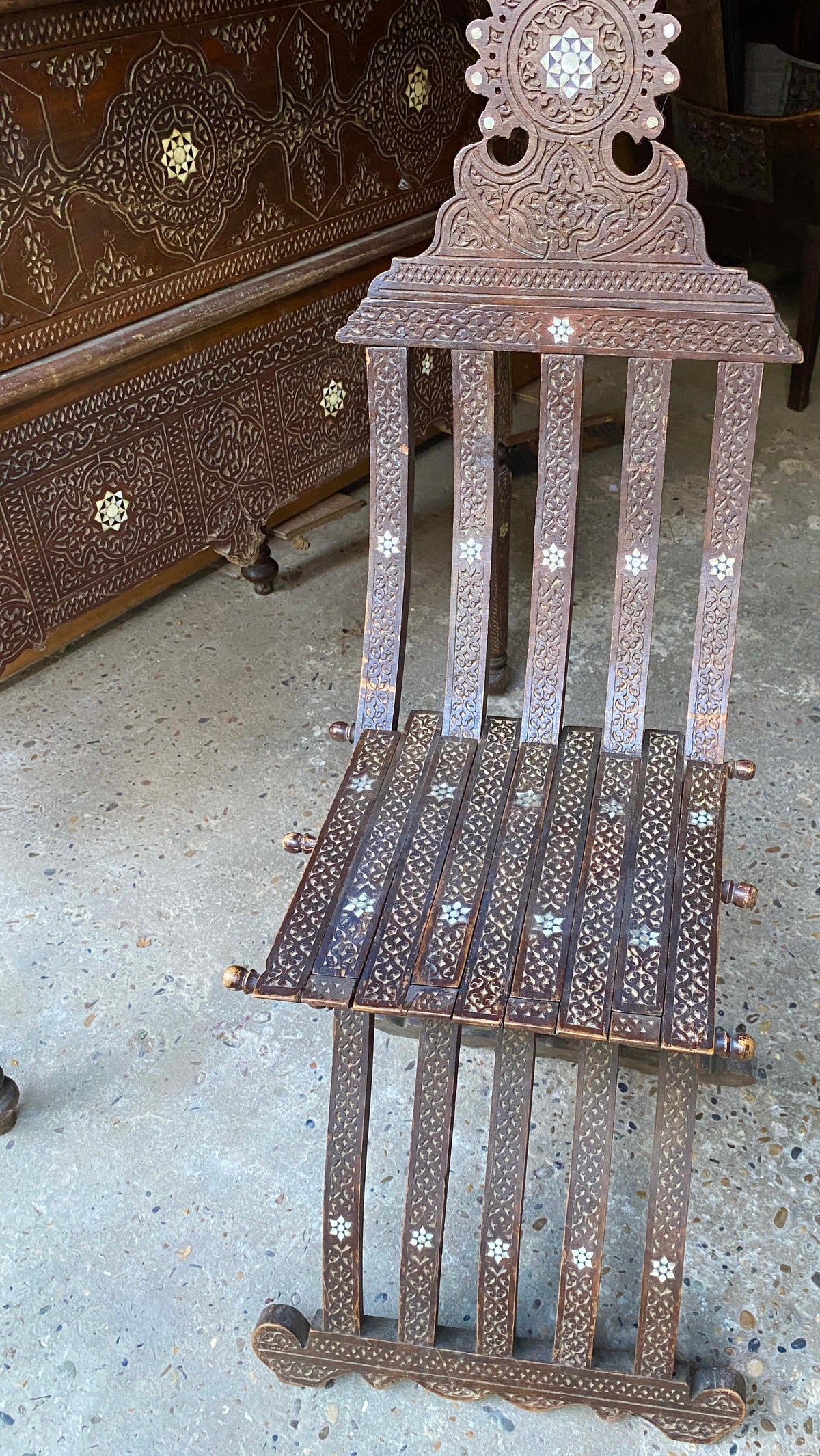 Antique Writing Desk and Chair Set circa 1920s, Moorish Style Inlaid Desk — detail 12