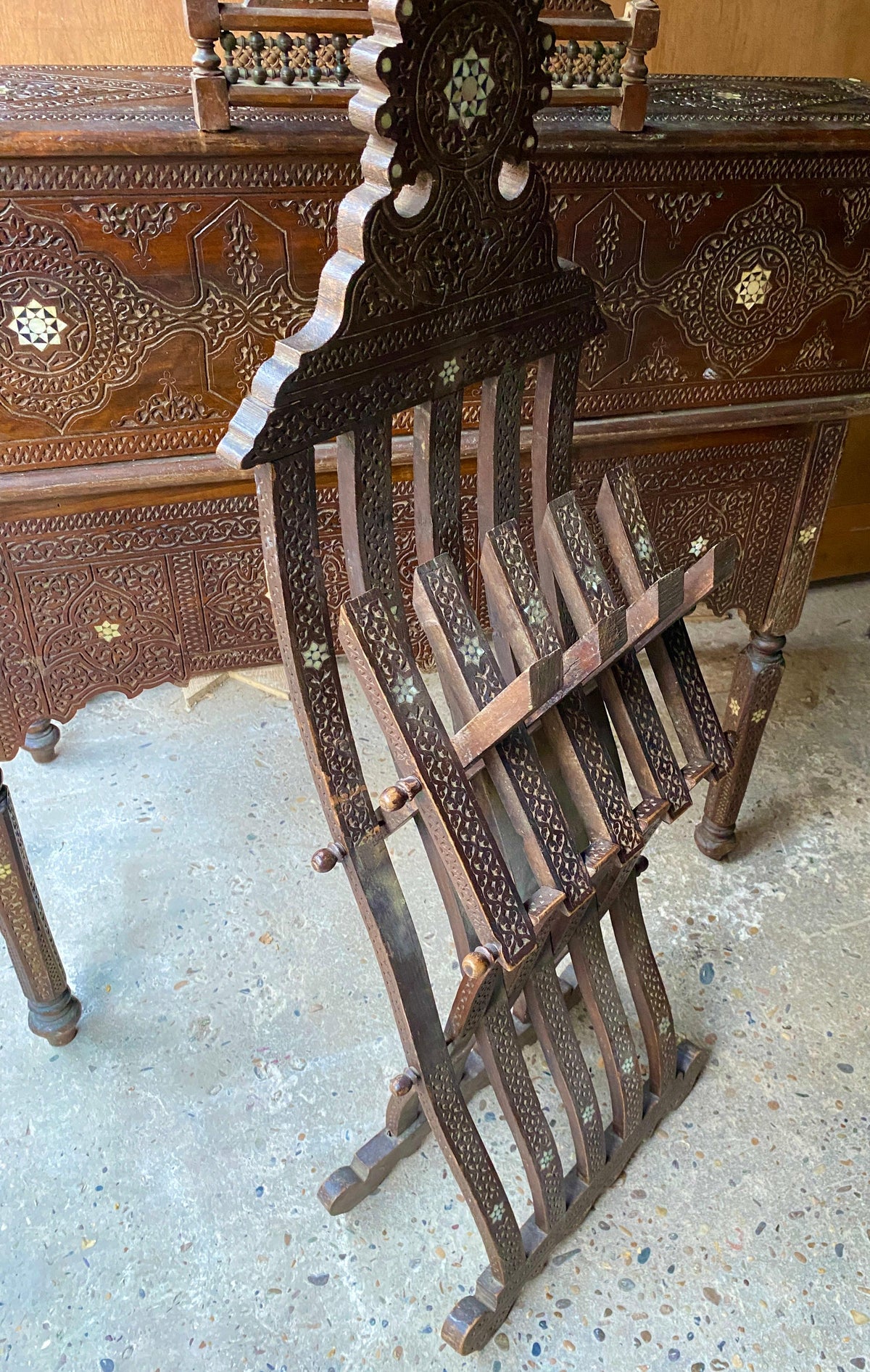Antique Writing Desk and Chair Set circa 1920s, Moorish Style Inlaid Desk — detail 7