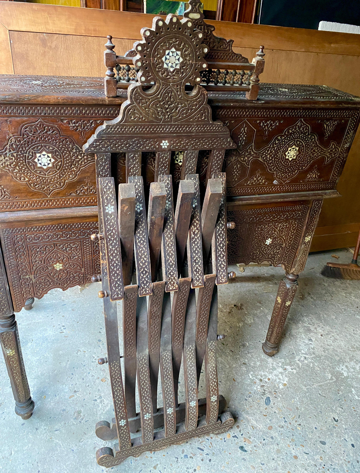 Antique Writing Desk and Chair Set circa 1920s, Moorish Style Inlaid Desk — detail 13