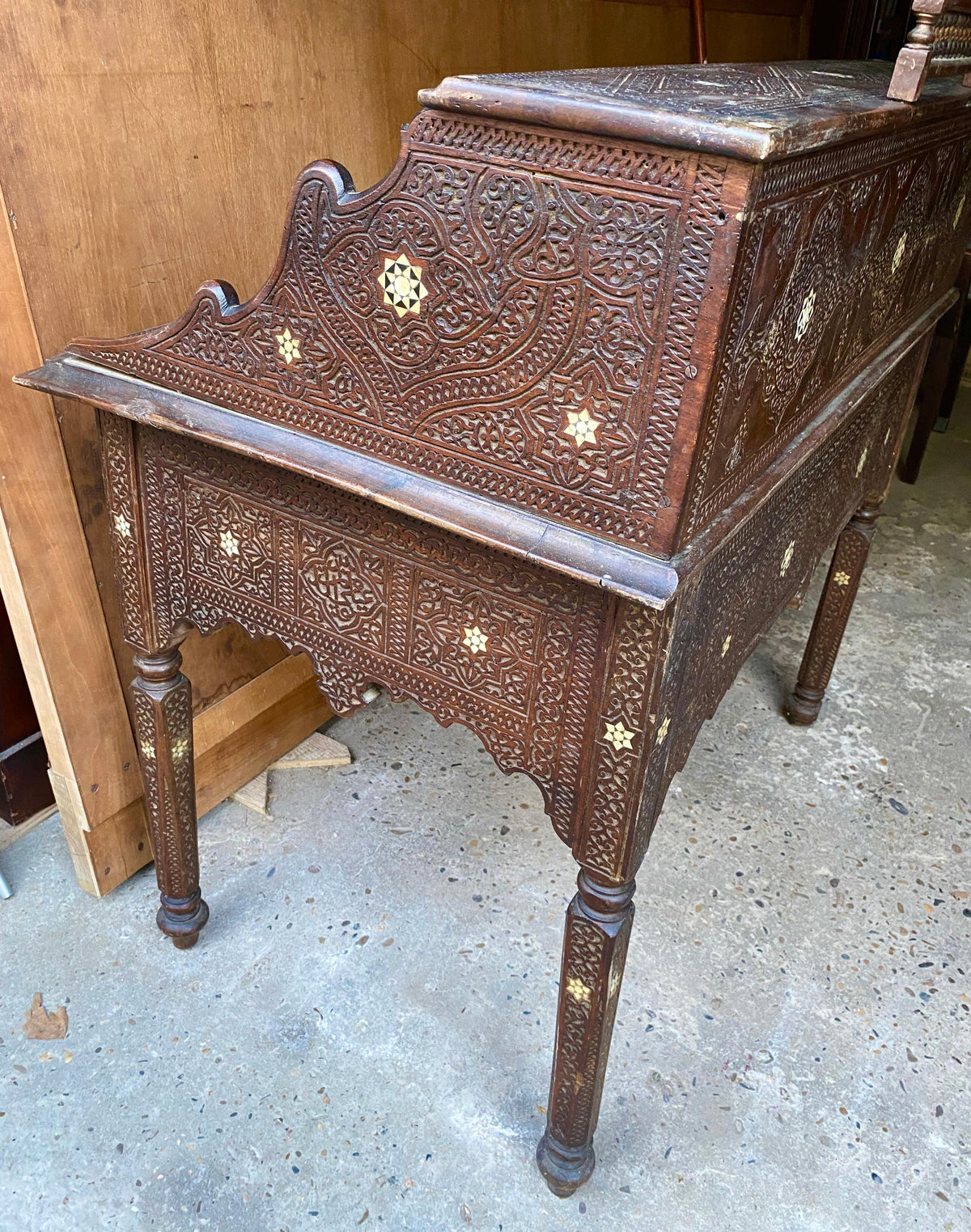 Antique Writing Desk and Chair Set circa 1920s, Moorish Style Inlaid Desk — detail 4