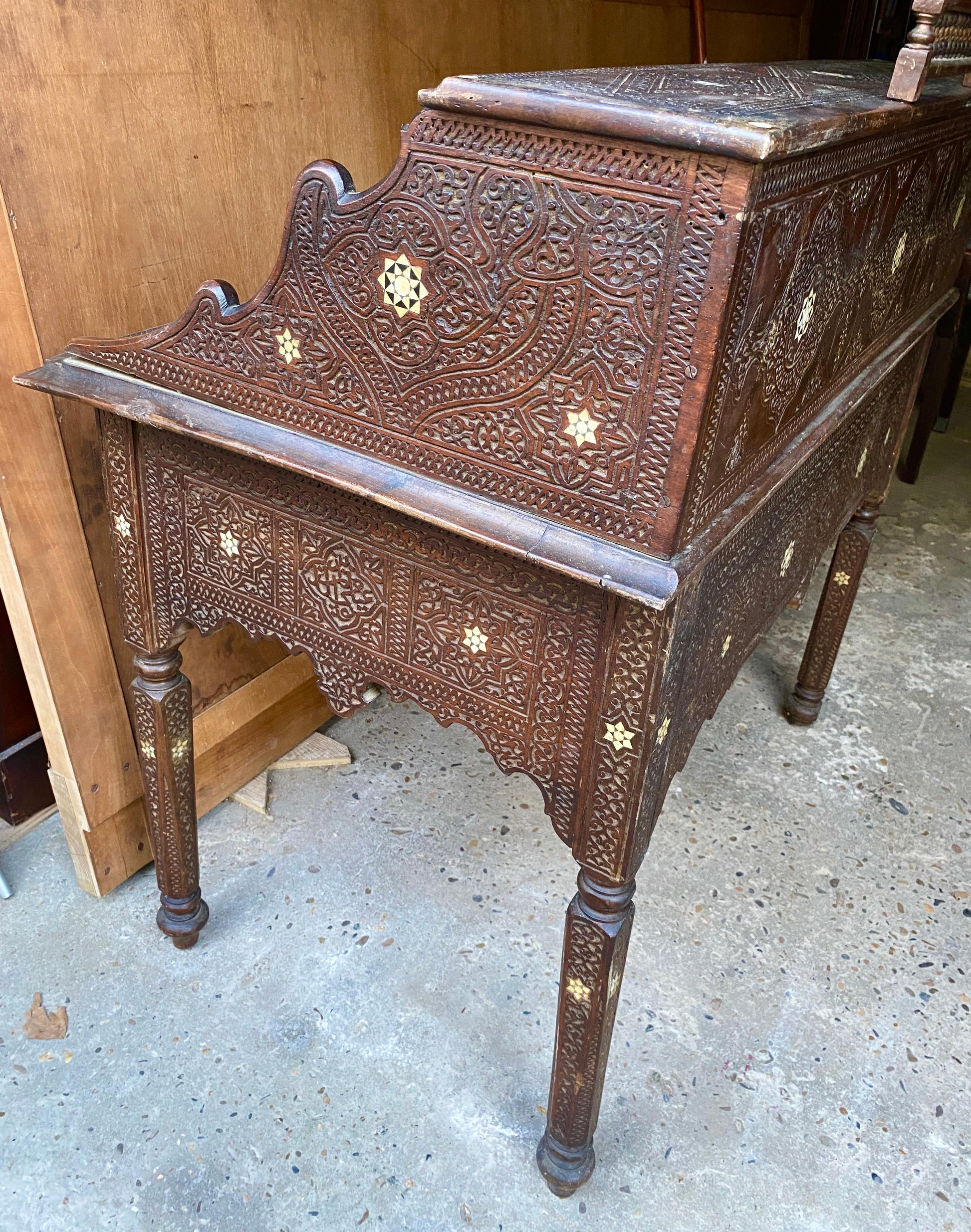 Antique Writing Desk and Chair Set circa 1920s, Moorish Style Inlaid Desk — detail 4
