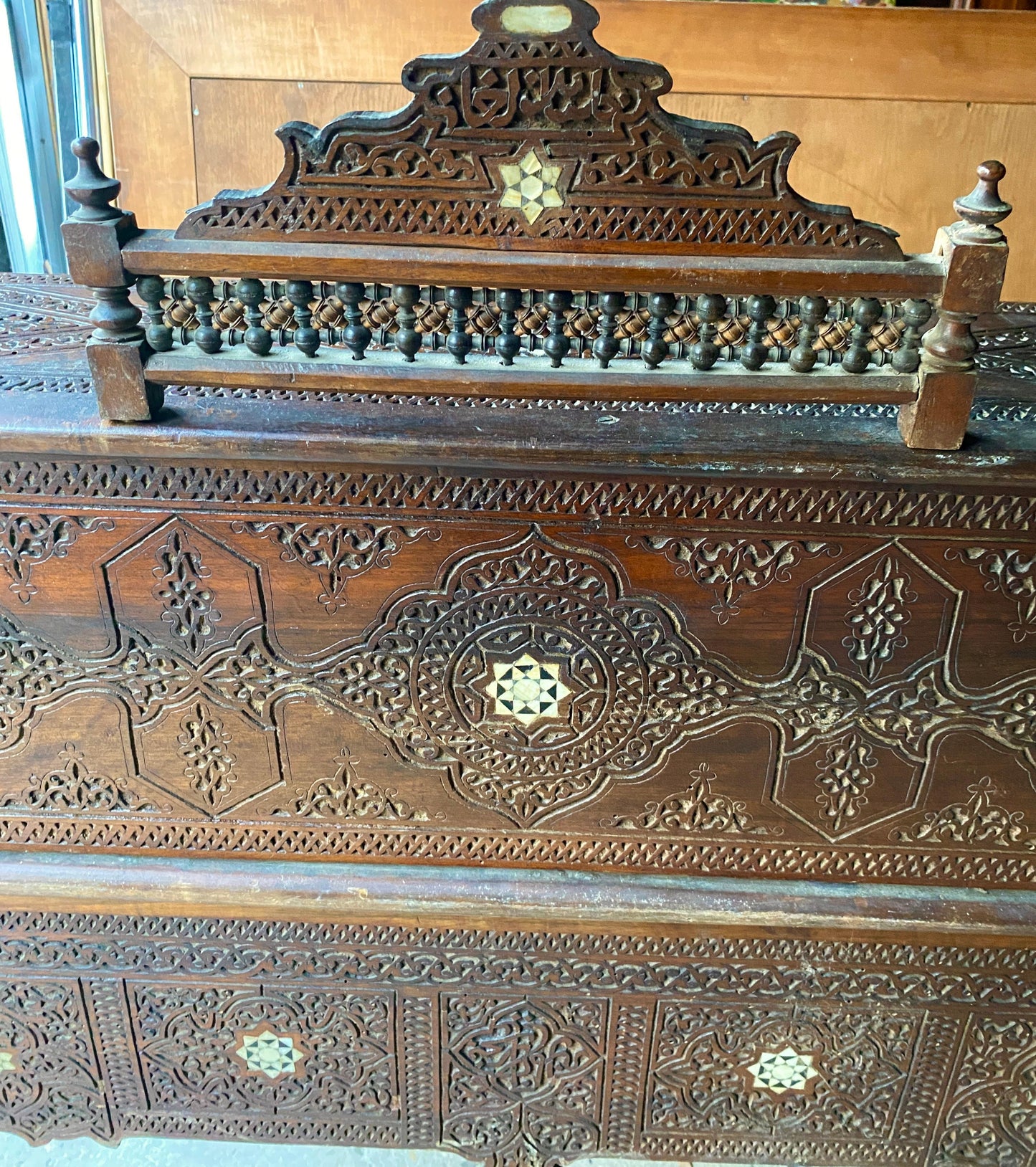 Antique Writing Desk and Chair Set circa 1920s, Moorish Style Inlaid Desk — detail 5