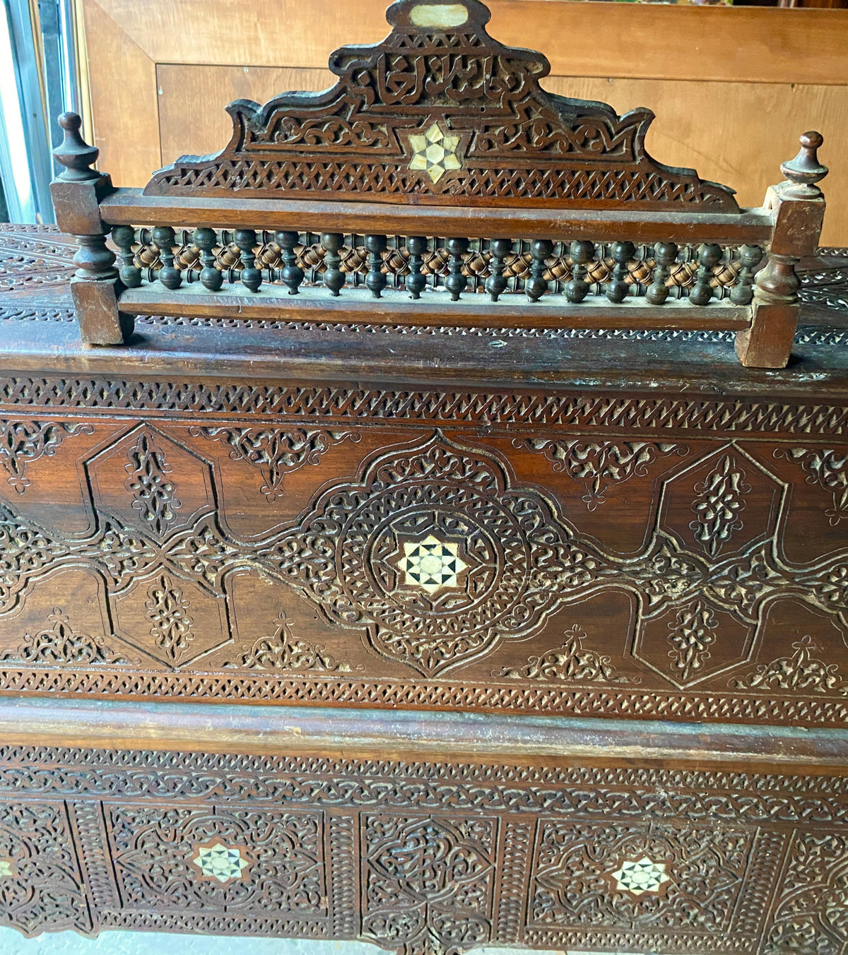 Antique Writing Desk and Chair Set circa 1920s, Moorish Style Inlaid Desk — detail 5