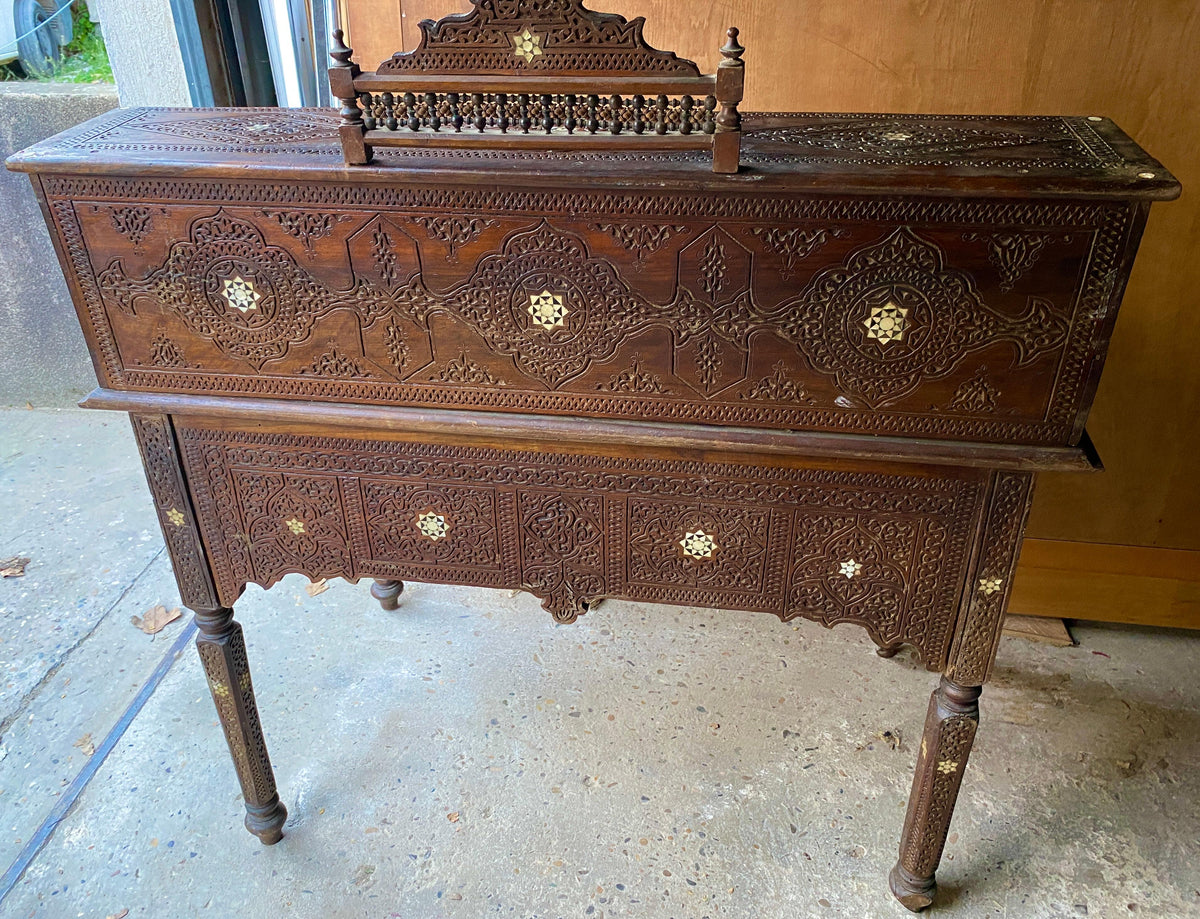 Antique Writing Desk and Chair Set circa 1920s, Moorish Style Inlaid Desk — detail 2