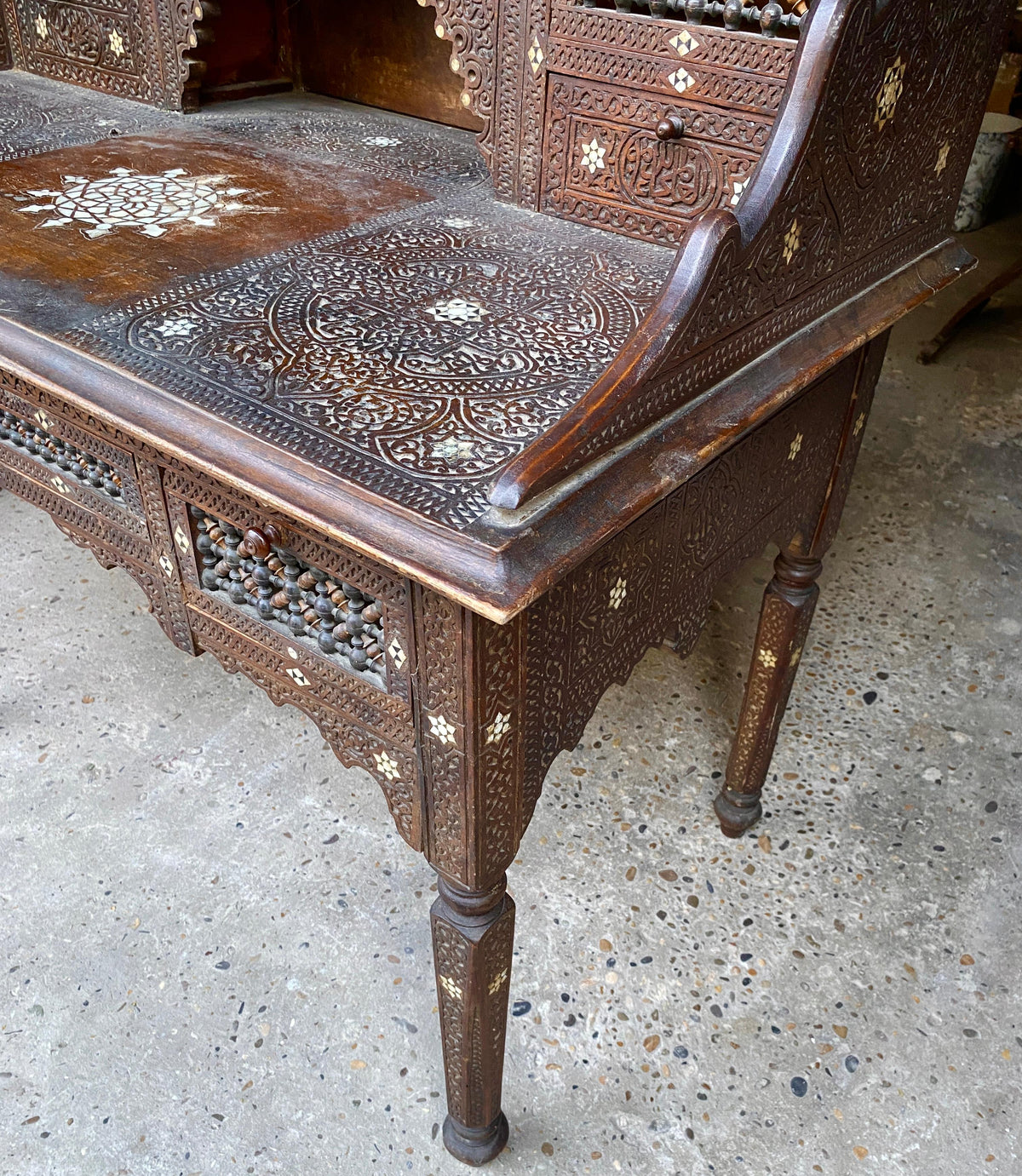 Antique Writing Desk and Chair Set circa 1920s, Moorish Style Inlaid Desk — detail 8