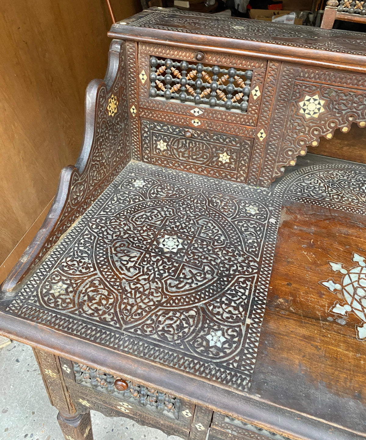 Antique Writing Desk and Chair Set circa 1920s, Moorish Style Inlaid Desk — detail 10