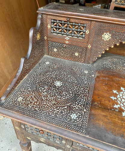 Antique Writing Desk and Chair Set circa 1920s, Moorish Style Inlaid Desk — detail 10