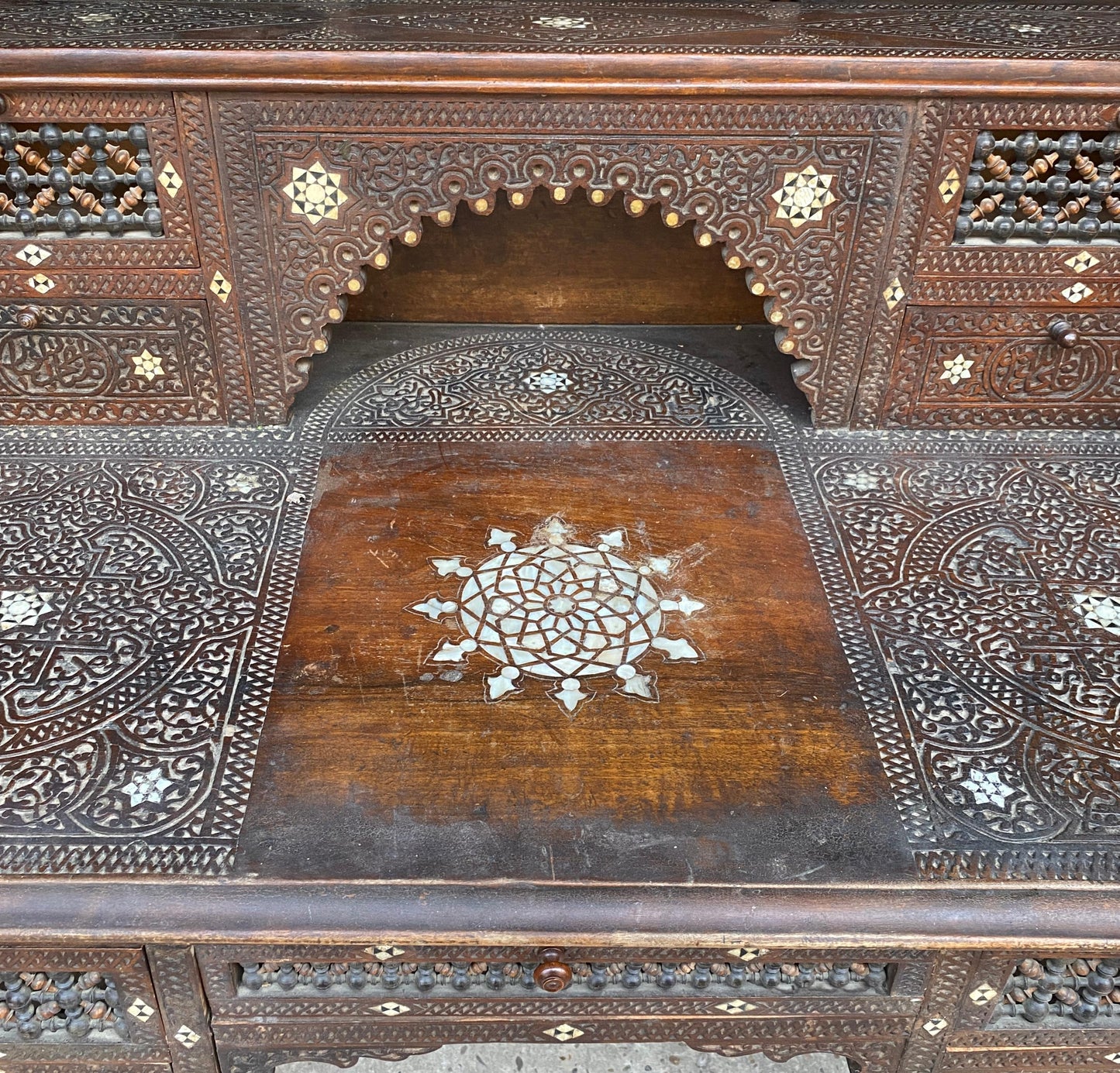 Antique Writing Desk and Chair Set circa 1920s, Moorish Style Inlaid Desk — detail 9