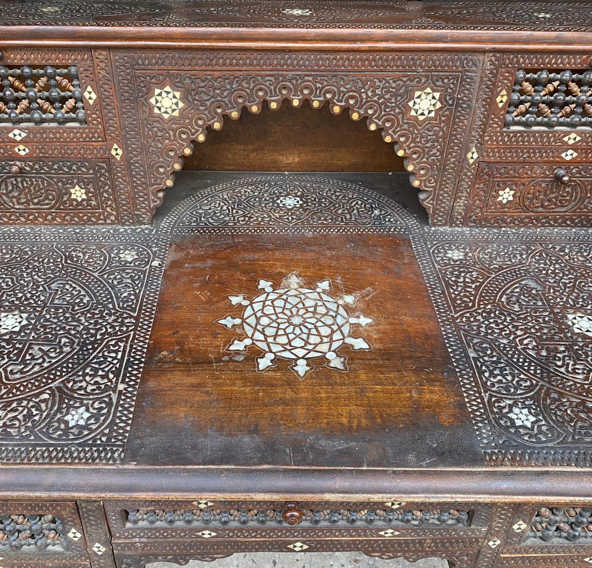 Antique Writing Desk and Chair Set circa 1920s, Moorish Style Inlaid Desk — detail 9