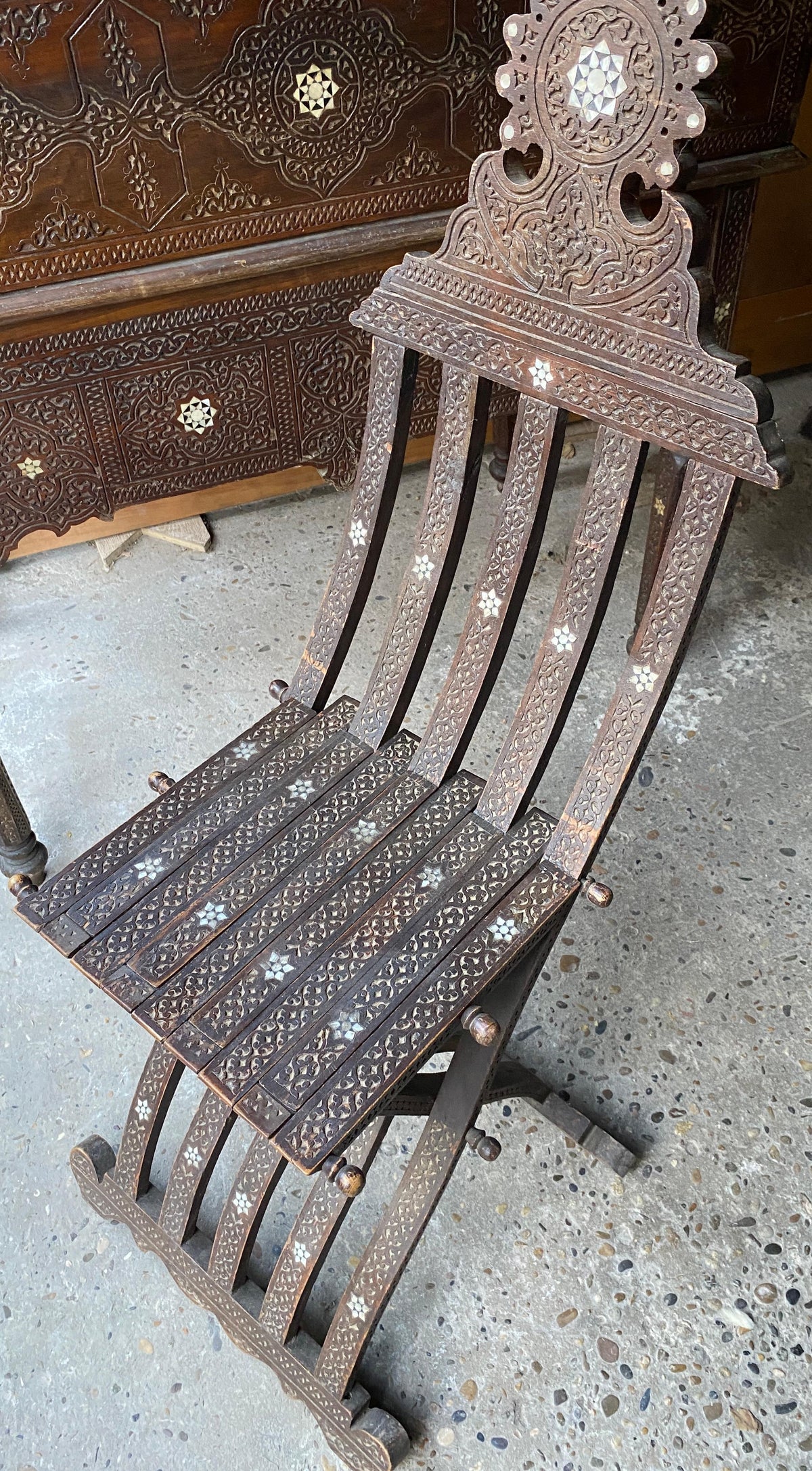 Antique Writing Desk and Chair Set circa 1920s, Moorish Style Inlaid Desk — detail 6