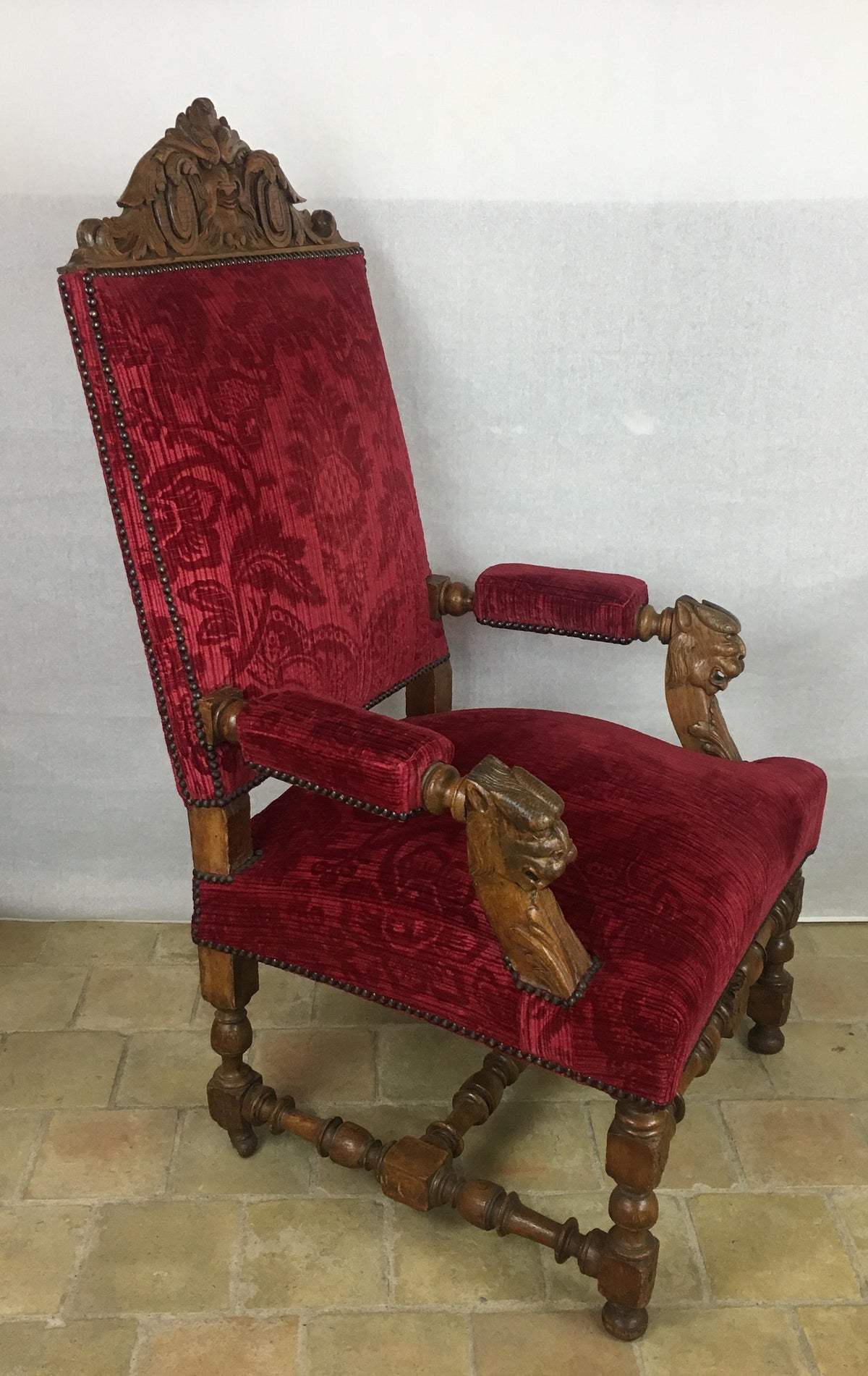 Pair of 19th Century French Louis XIII Style Throne Armchairs — detail 3