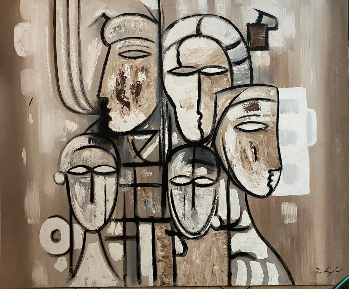 Large Tom Hayward Abstract Figural Painting, Cubist Style Faces, Neutral Tones — detail 2