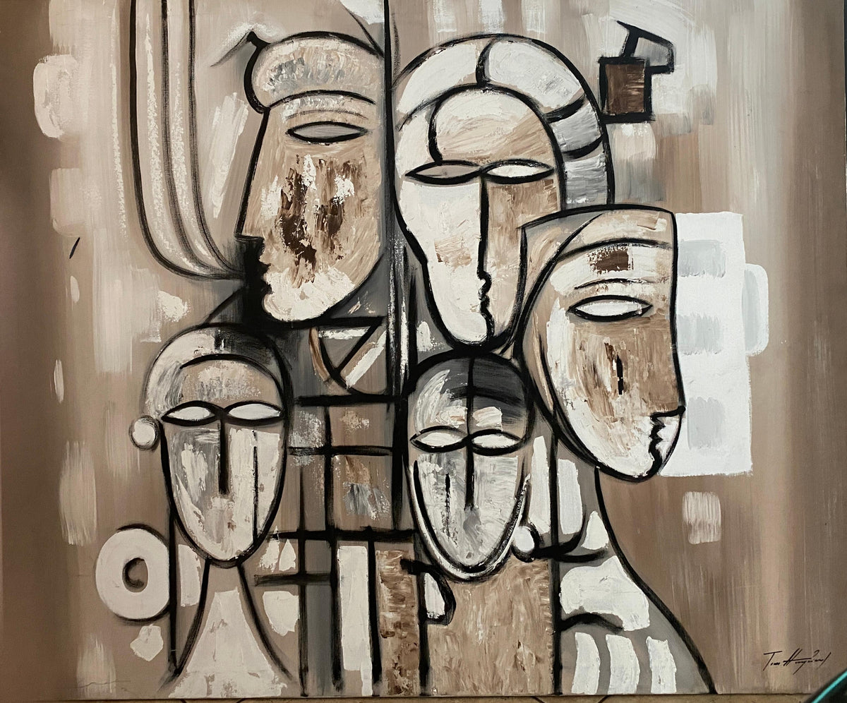 Large Tom Hayward Abstract Figural Painting, Cubist Style Faces, Neutral Tones — detail 2