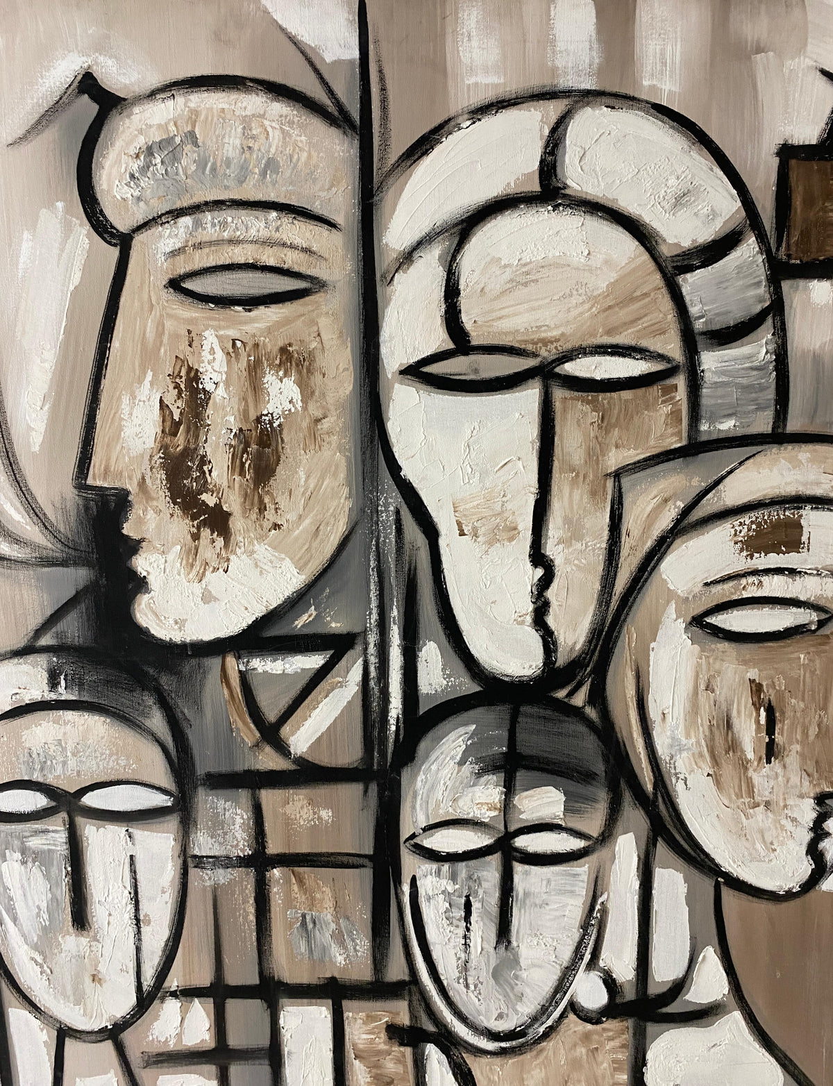 Large Tom Hayward Abstract Figural Painting, Cubist Style Faces, Neutral Tones — detail 3