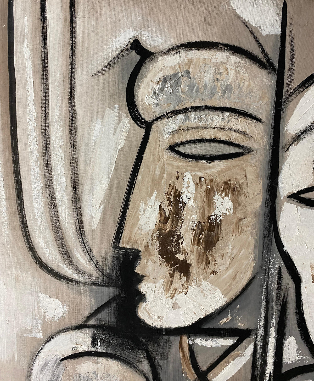 Large Tom Hayward Abstract Figural Painting, Cubist Style Faces, Neutral Tones — detail 4