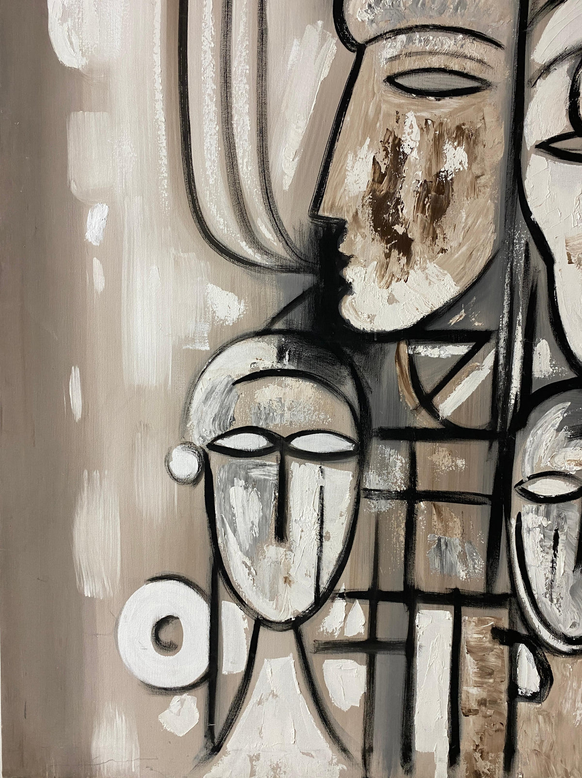 Large Tom Hayward Abstract Figural Painting, Cubist Style Faces, Neutral Tones — detail 5