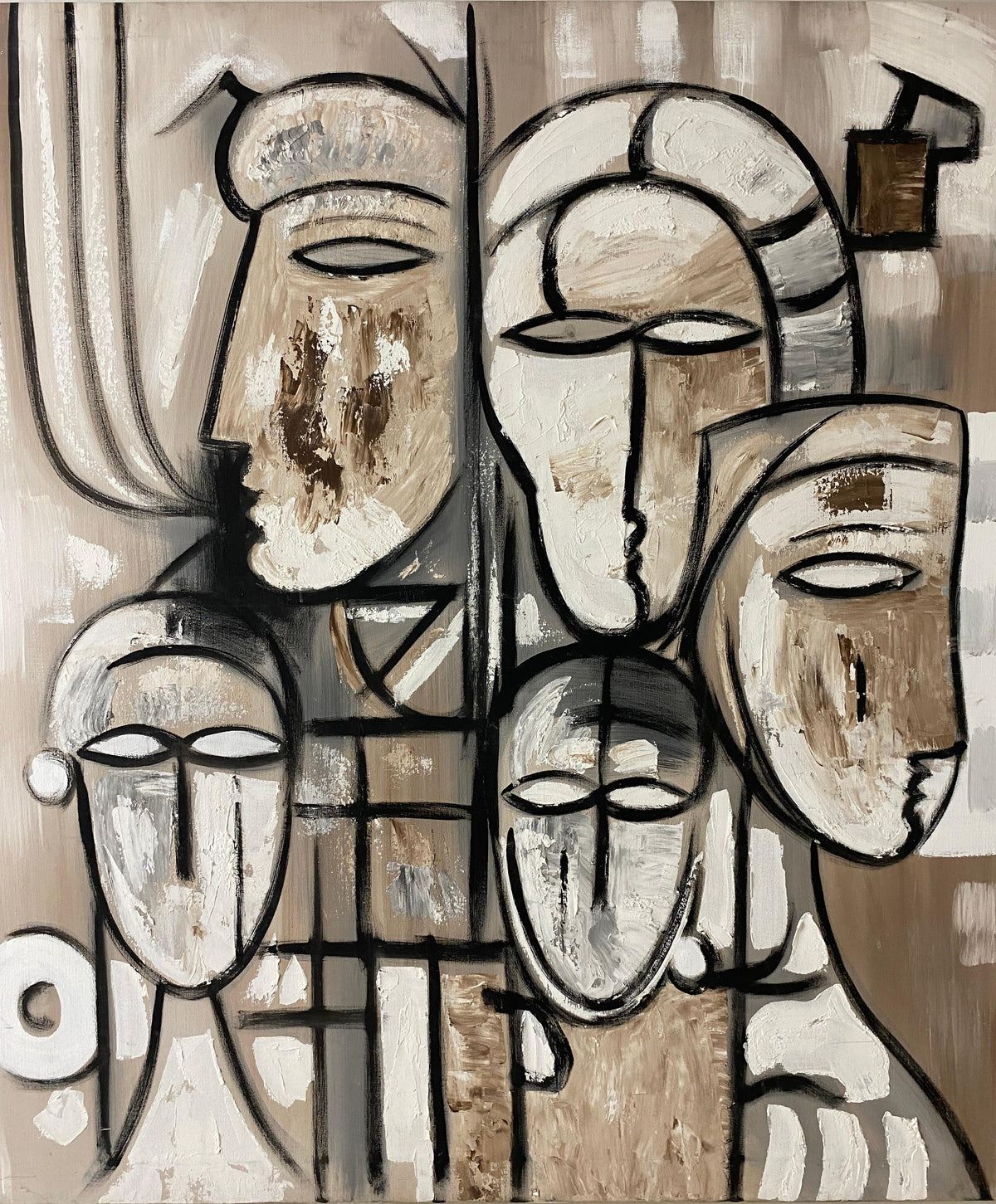 Large Tom Hayward Abstract Figural Painting, Cubist Style Faces, Neutral Tones — detail 6