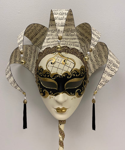 Pair of Handcrafted Venetian Jester Masks with Opera Sticks, Commedia dell’Arte Style — detail 2